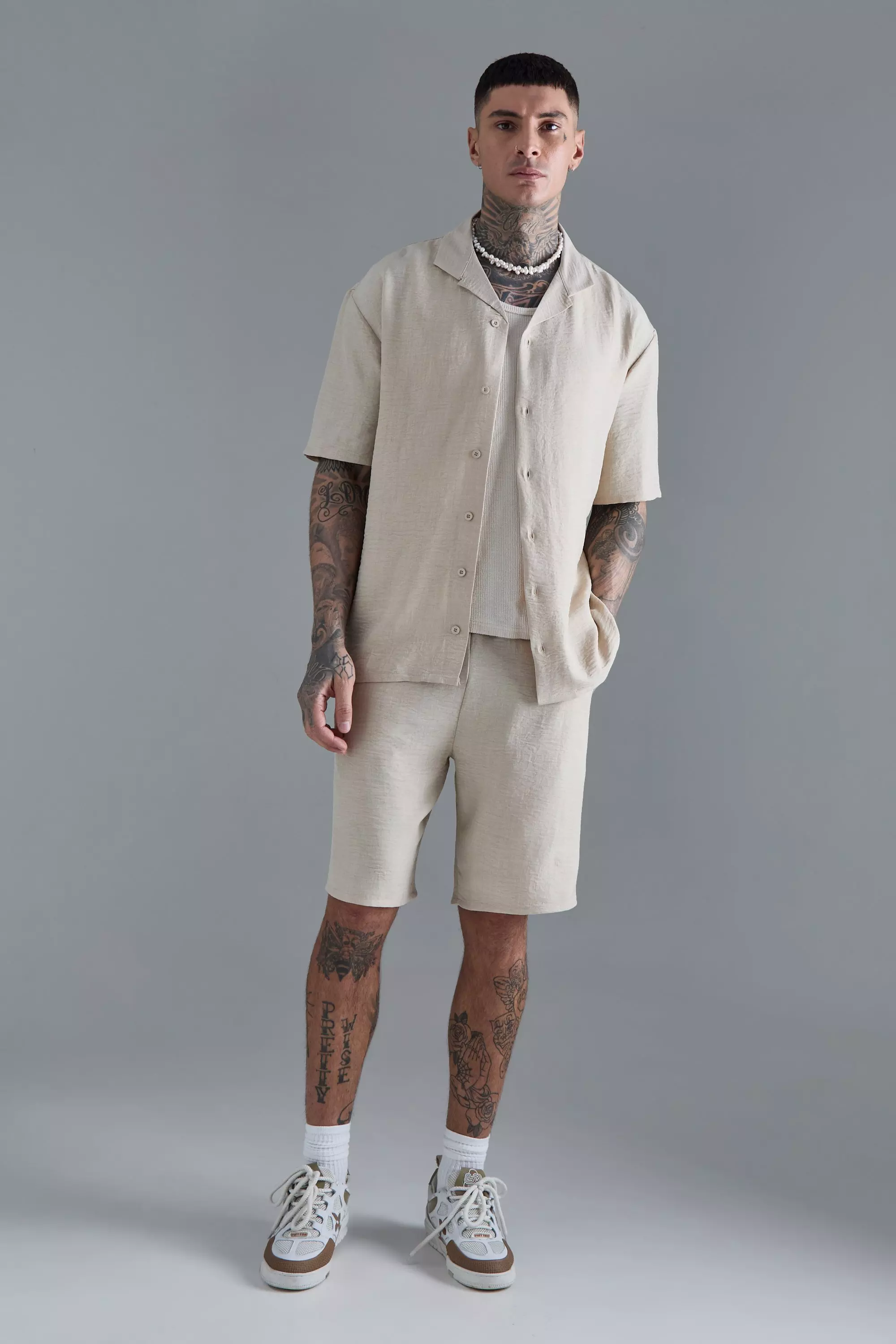 Tall Drop Revere Linen Shirt & Short Set In Natural Natural