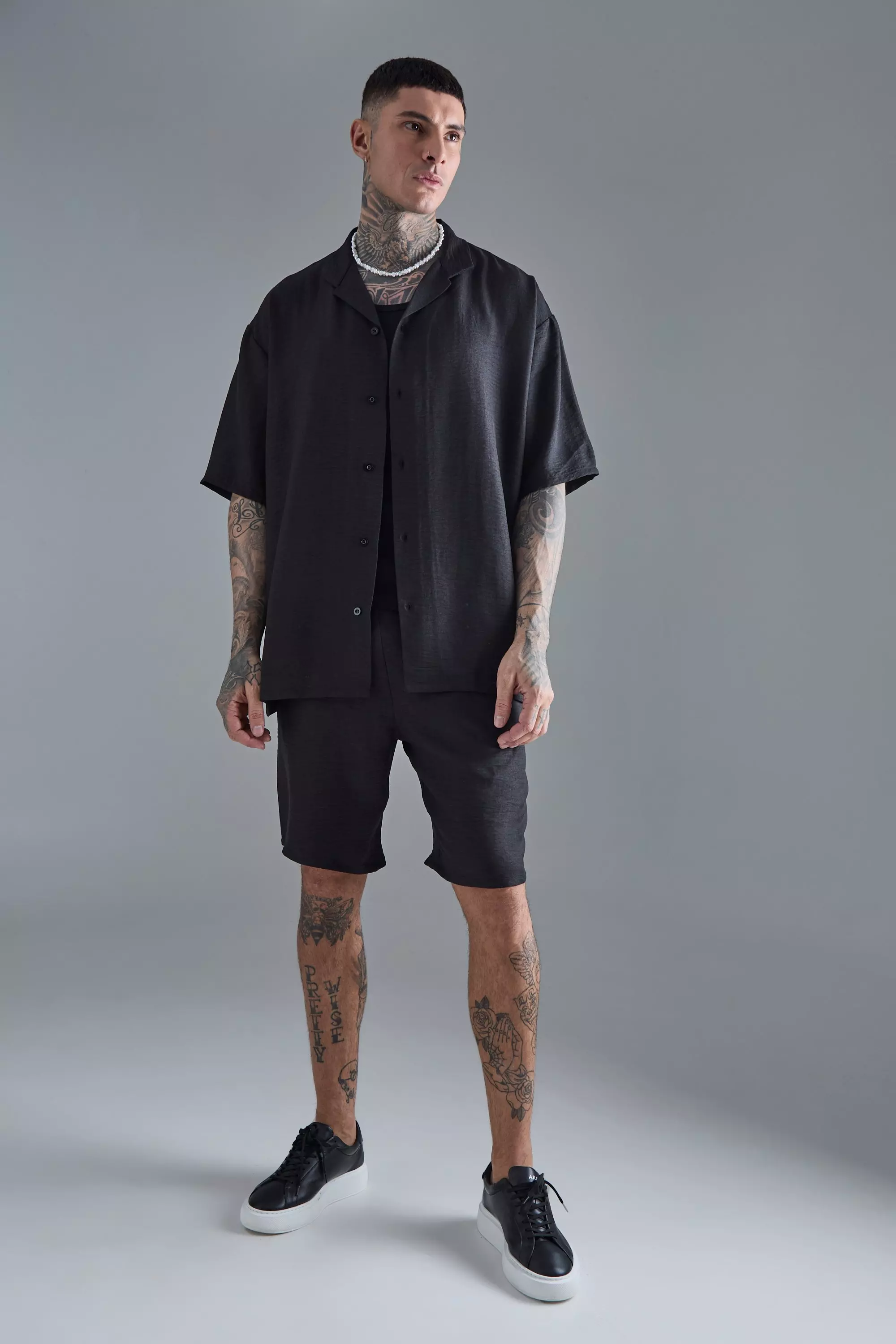 Tall Short Sleeve Oversized Linen Shirt & Short Set In Black Black