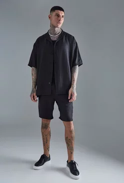 Tall Short Sleeve Oversized Linen Shirt & Short Set In Black Black