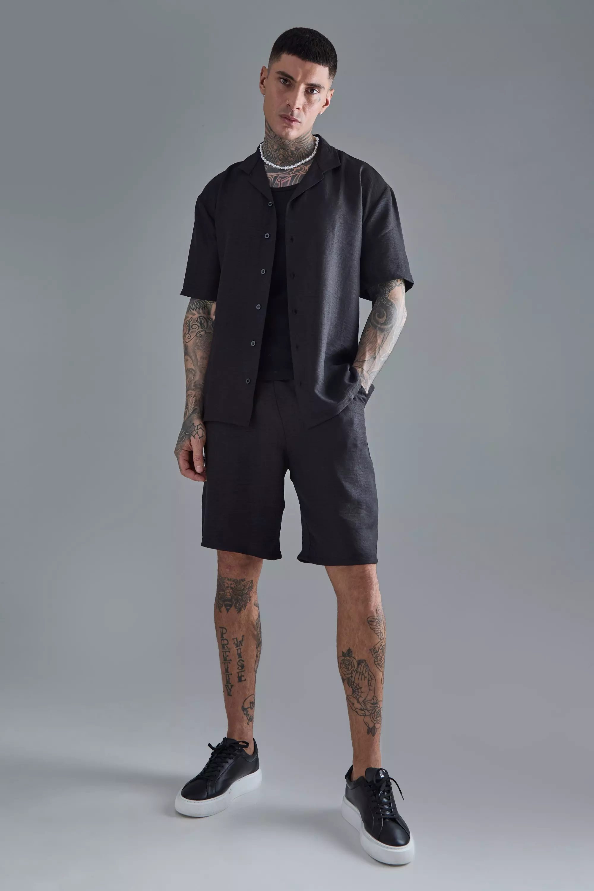 Black Tall Short Sleeve Drop Revere Linen Shirt & Short Set In Black