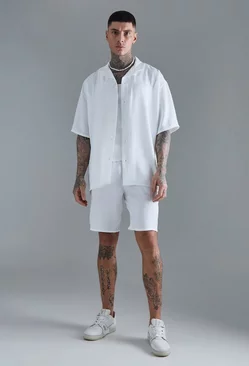 Tall Short Sleeve Oversized Linen Shirt & Short Set In White White