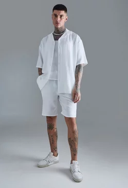 Tall Short Sleeve Drop Revere Linen Shirt & Short Set In White White