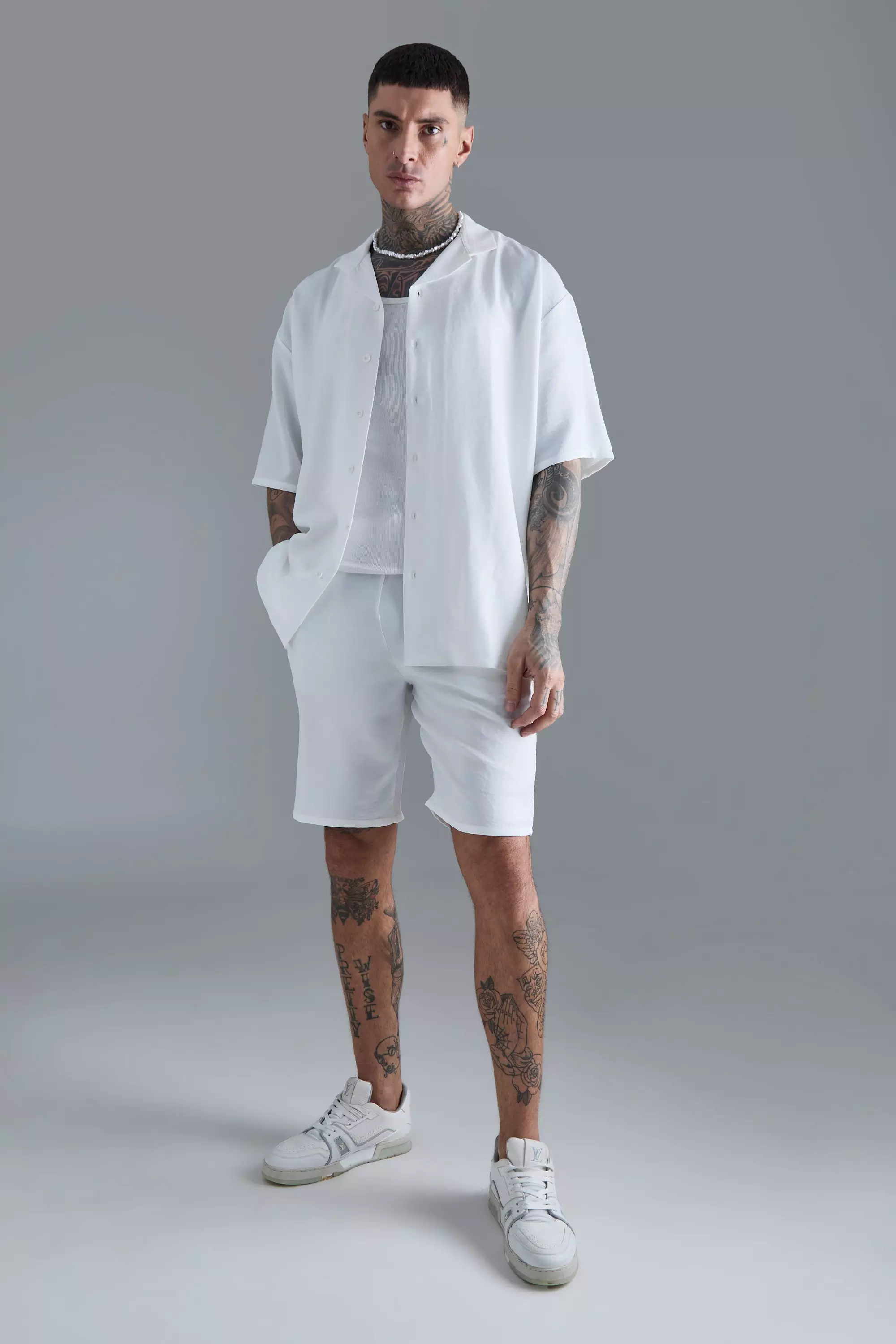 White Tall Short Sleeve Drop Revere Linen Shirt & Short Set In White