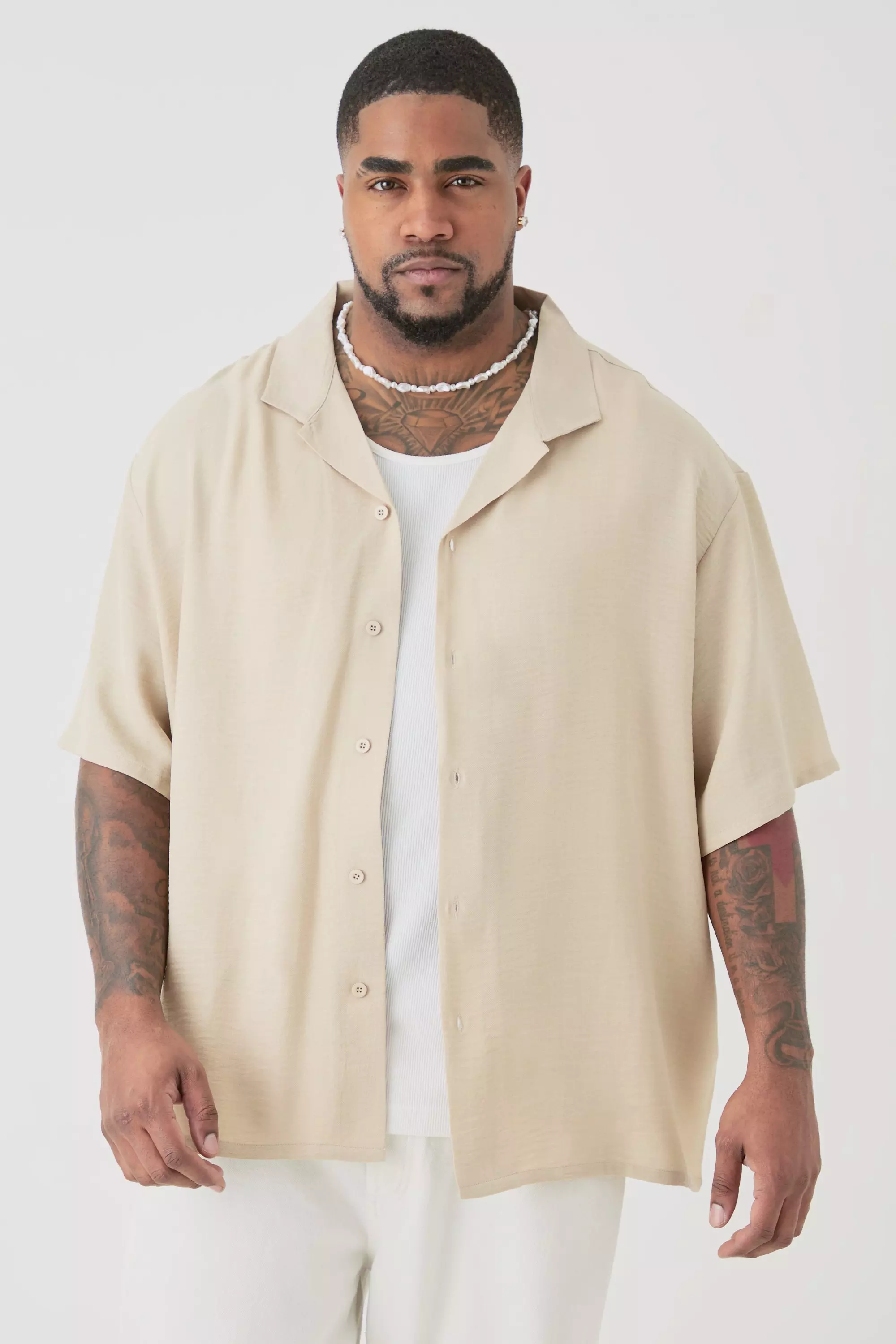 Plus Short Sleeve Oversized Linen Shirt In Natural Natural