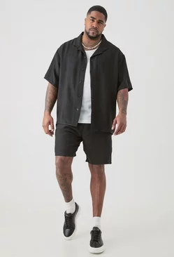 Black Plus Oversized Linen Shirt & Short Set In Black