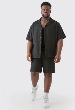 Black Plus Short Sleeve Drop Revere Linen Shirt & Short Set In Black