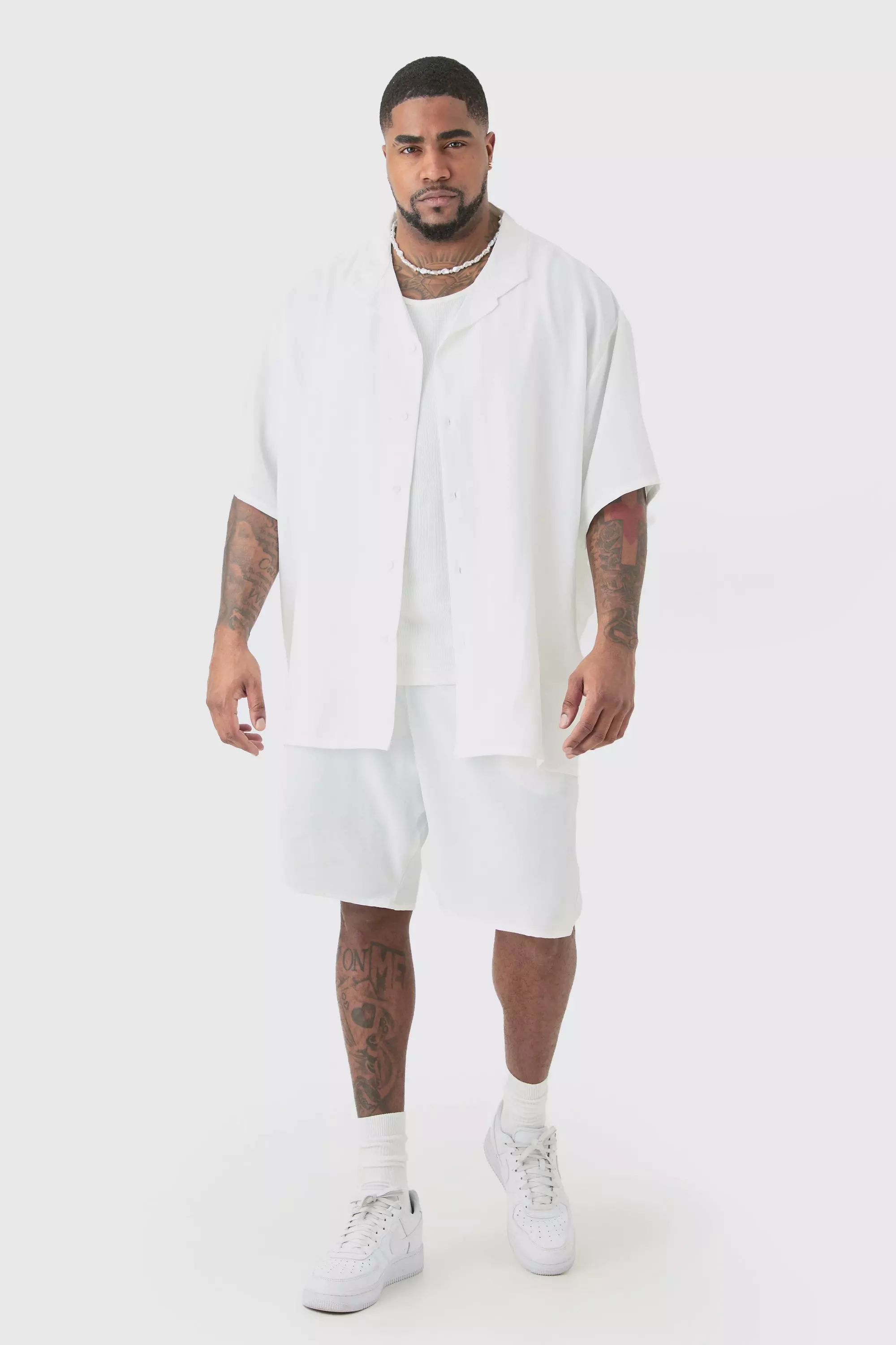 White Plus Short Sleeve Oversized Linen Shirt & Short Set In White