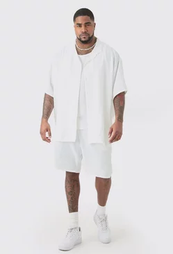 White Plus Short Sleeve Oversized Linen Shirt & Short Set In White
