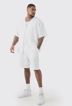 White Plus Short Sleeve Drop Revere Linen Shirt & Short Set In White