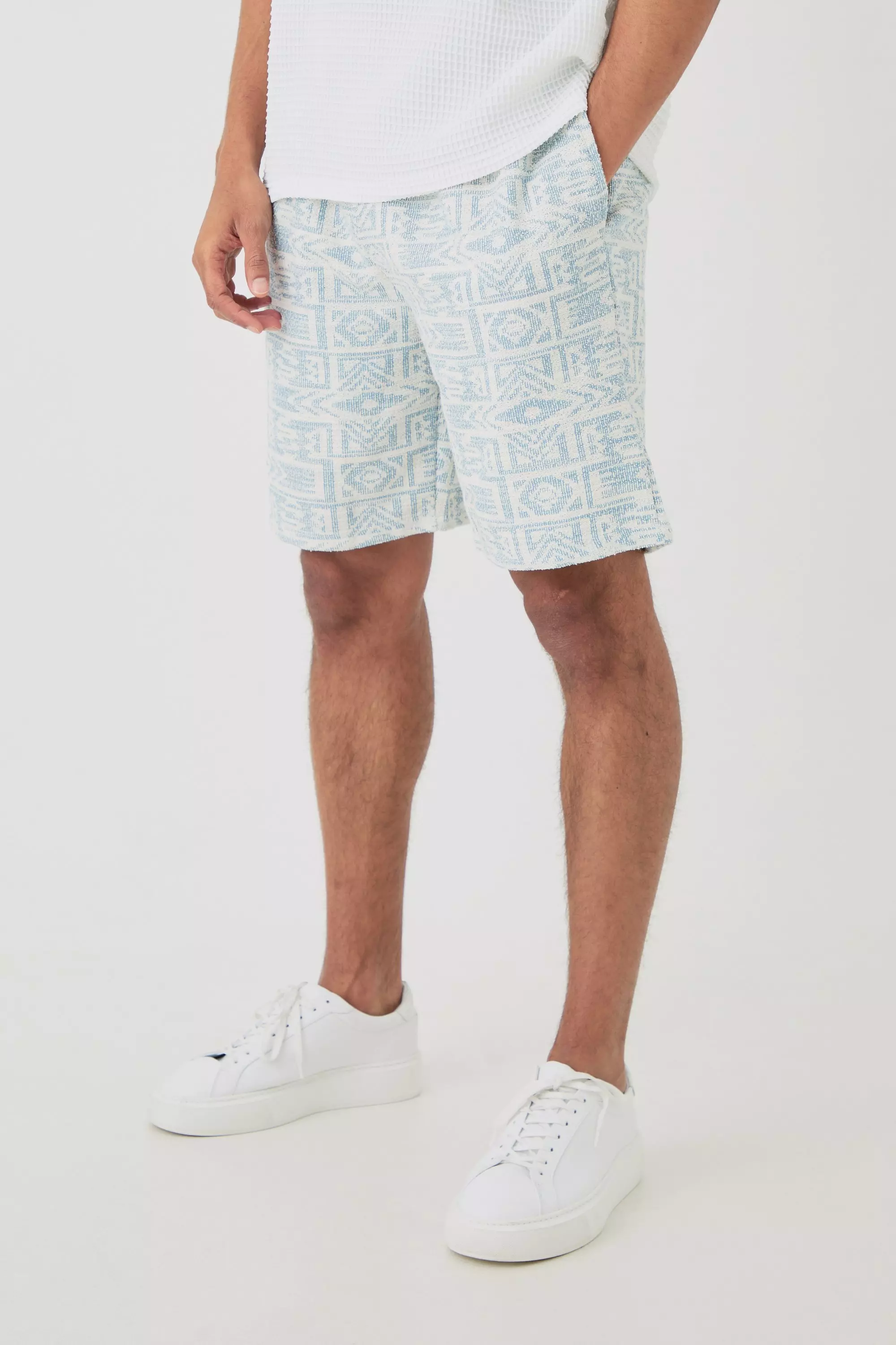 Relaxed Fit Mid Length Jacquard Short Blue