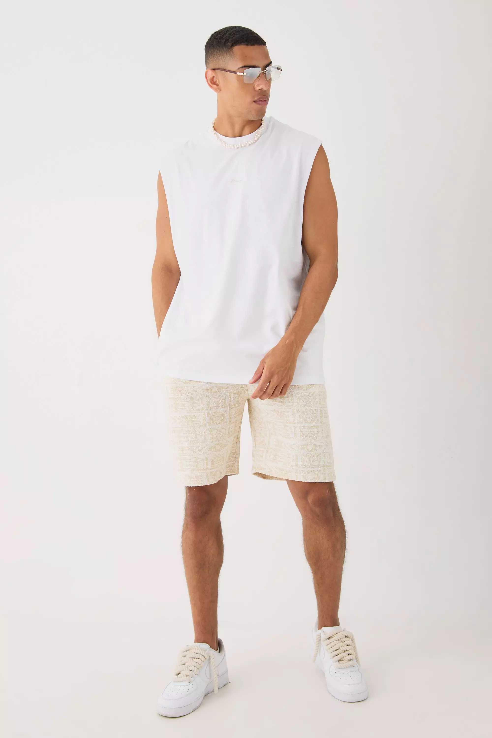 Stone Beige Man Oversized Tank And Jacquard Shorts Set