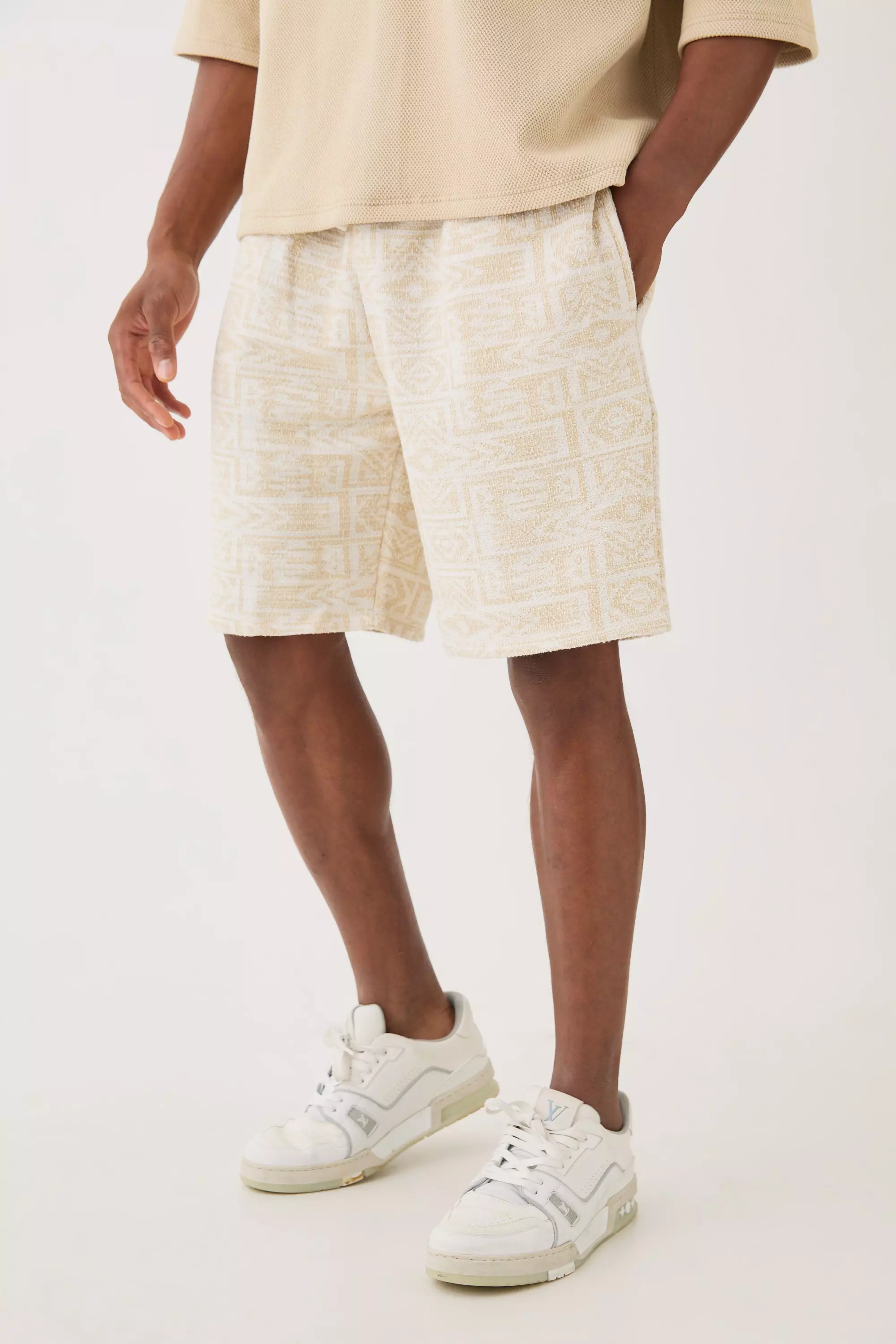 Stone Beige Relaxed Fit Mid Length Jacquard Short