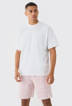 Pink Man Oversized Extended Neck T-shirt And Jacquard Shorts Set