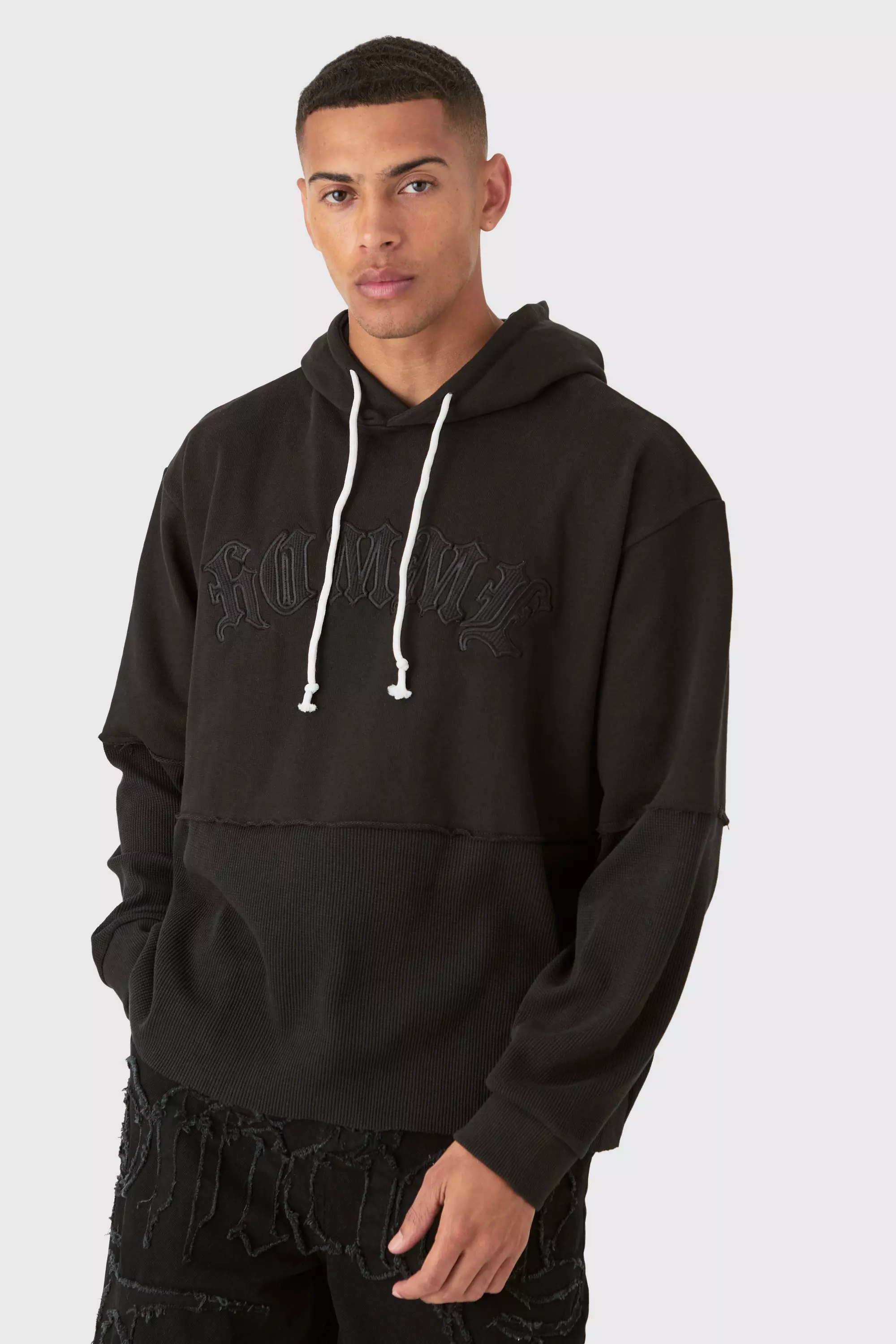 Oversized Waffle Faux Layer Applique Hoodie Black