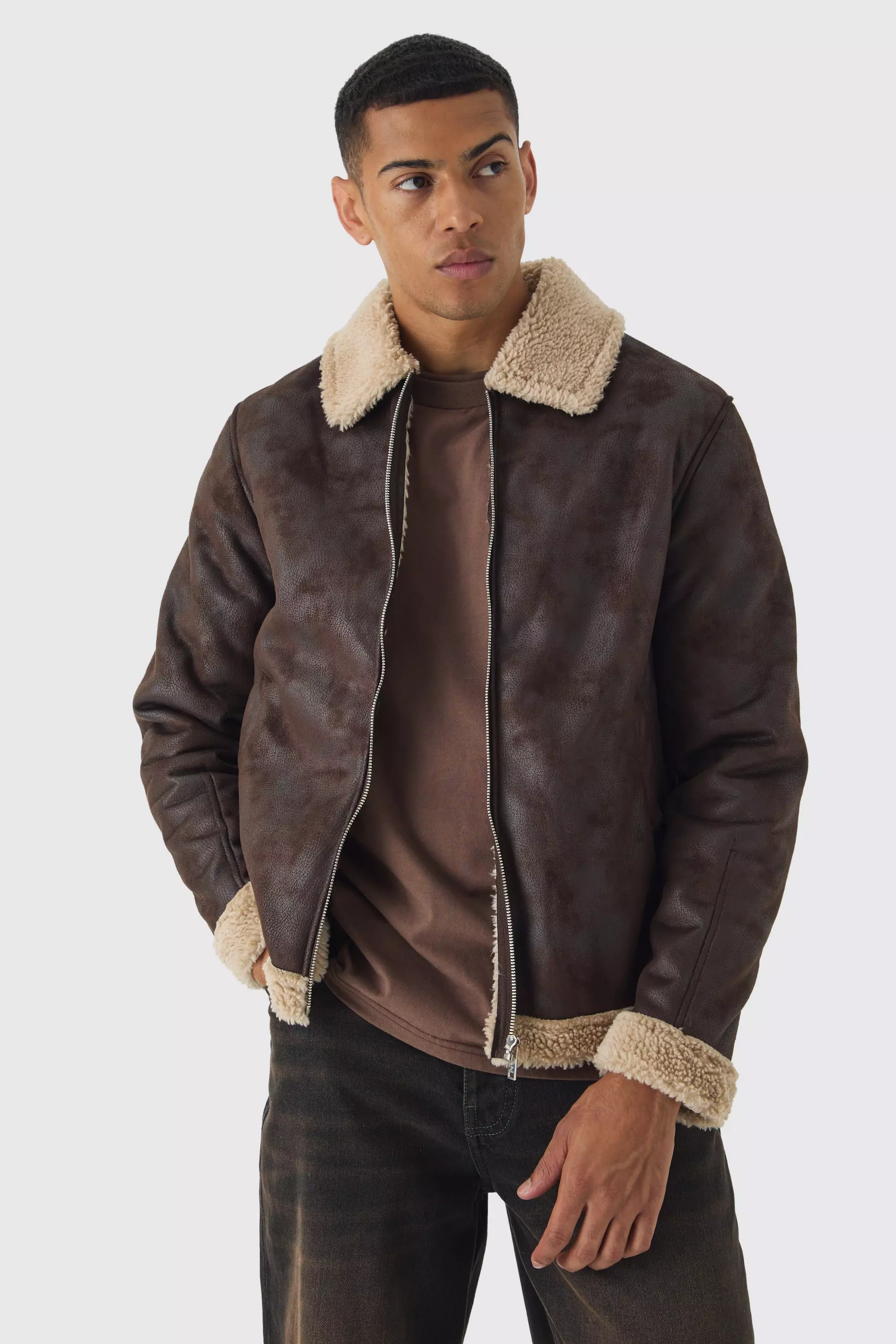 Faux Suede Aviator Jacket In Brown boohooMAN
