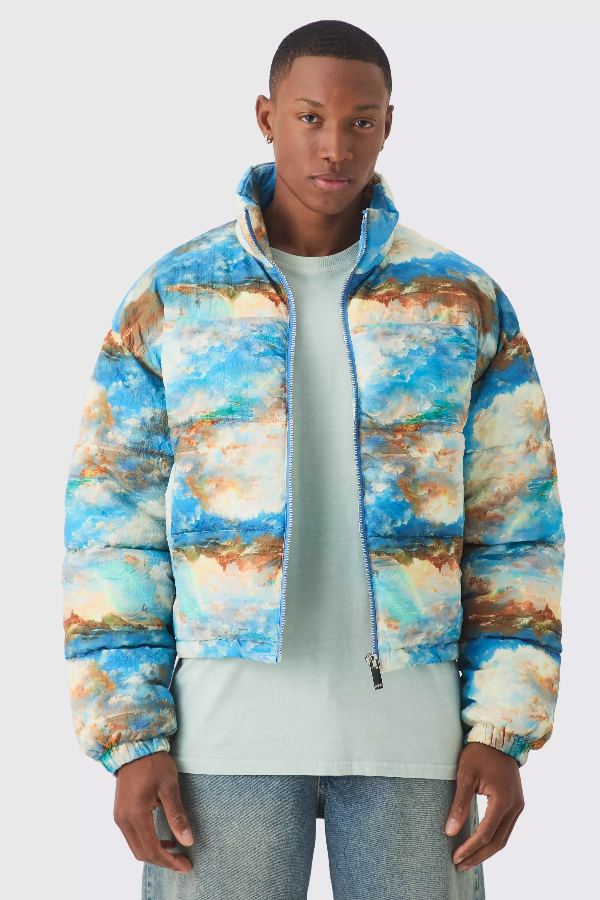 Boxy Abstract Print Puffer Coat In Blue Blue