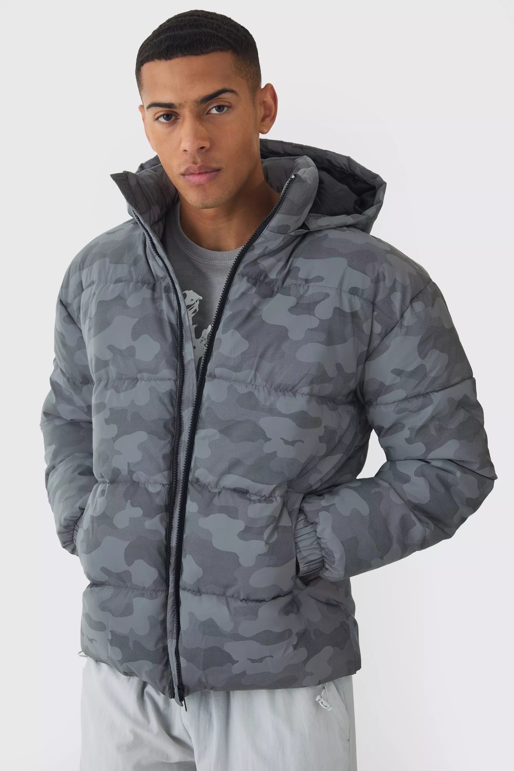 Grey Reflective Camo Hooded Puffer Coat alternative image