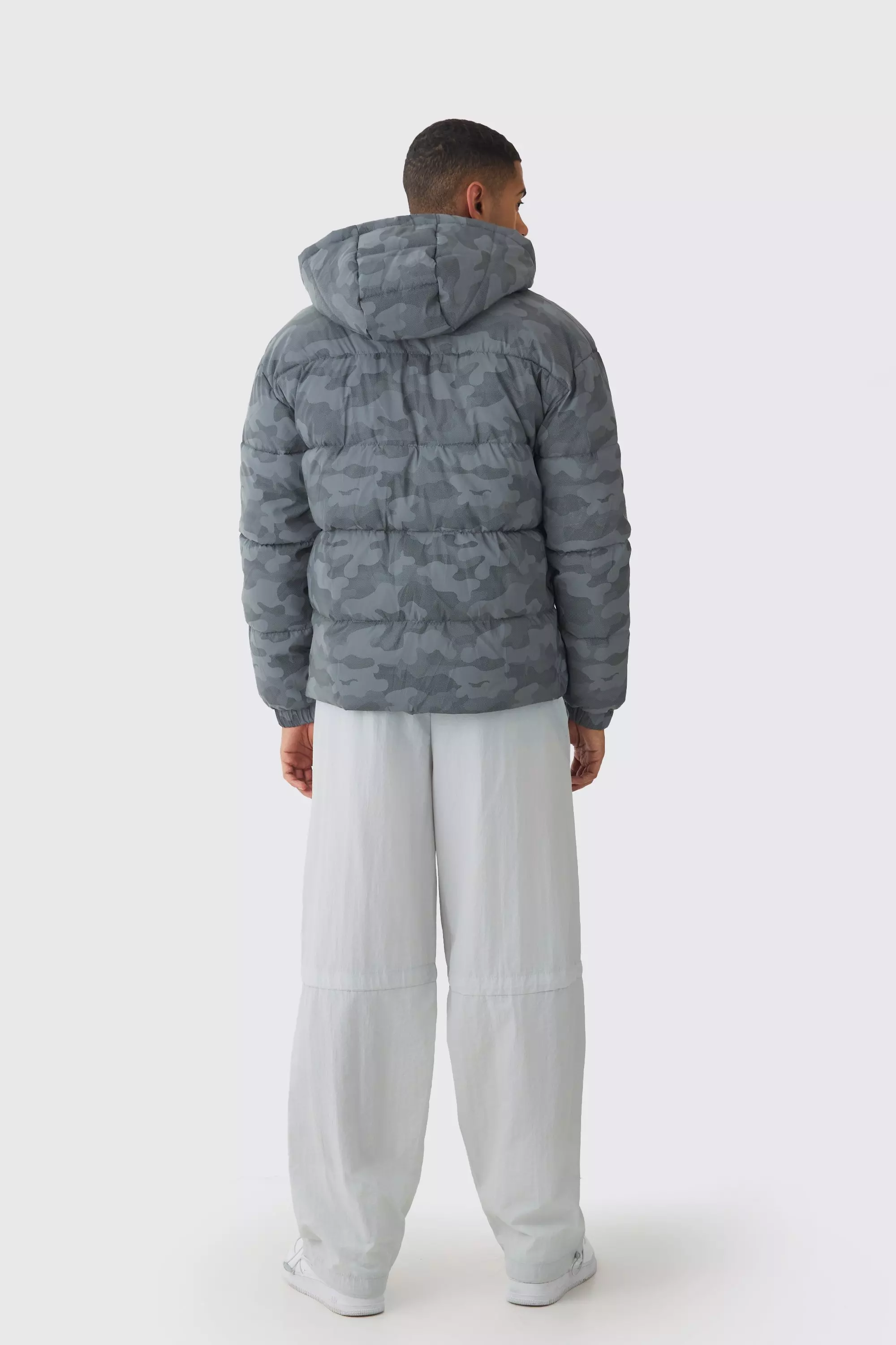 Grey Reflective Camo Hooded Puffer Coat alternative image