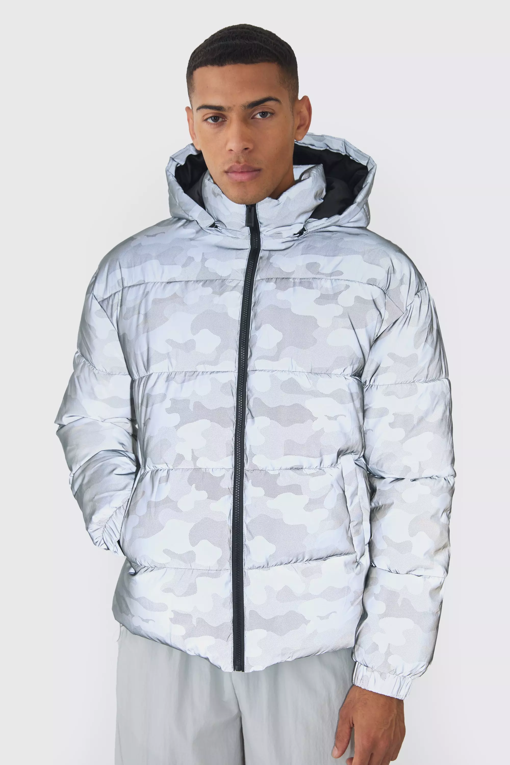 Grey Reflective Camo Hooded Puffer Coat alternative image