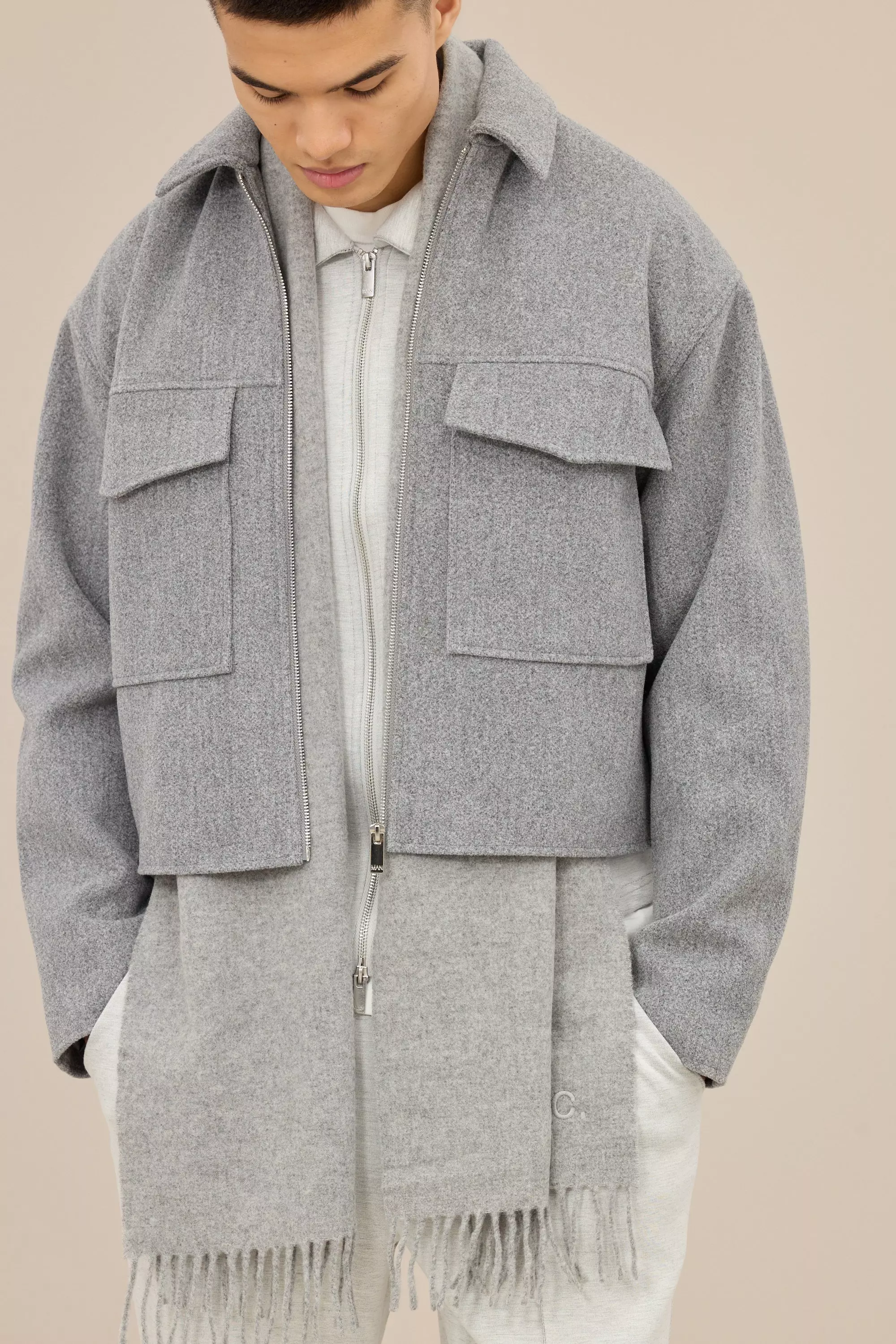 Grey Boxy Collared Harrington Jacket In Grey