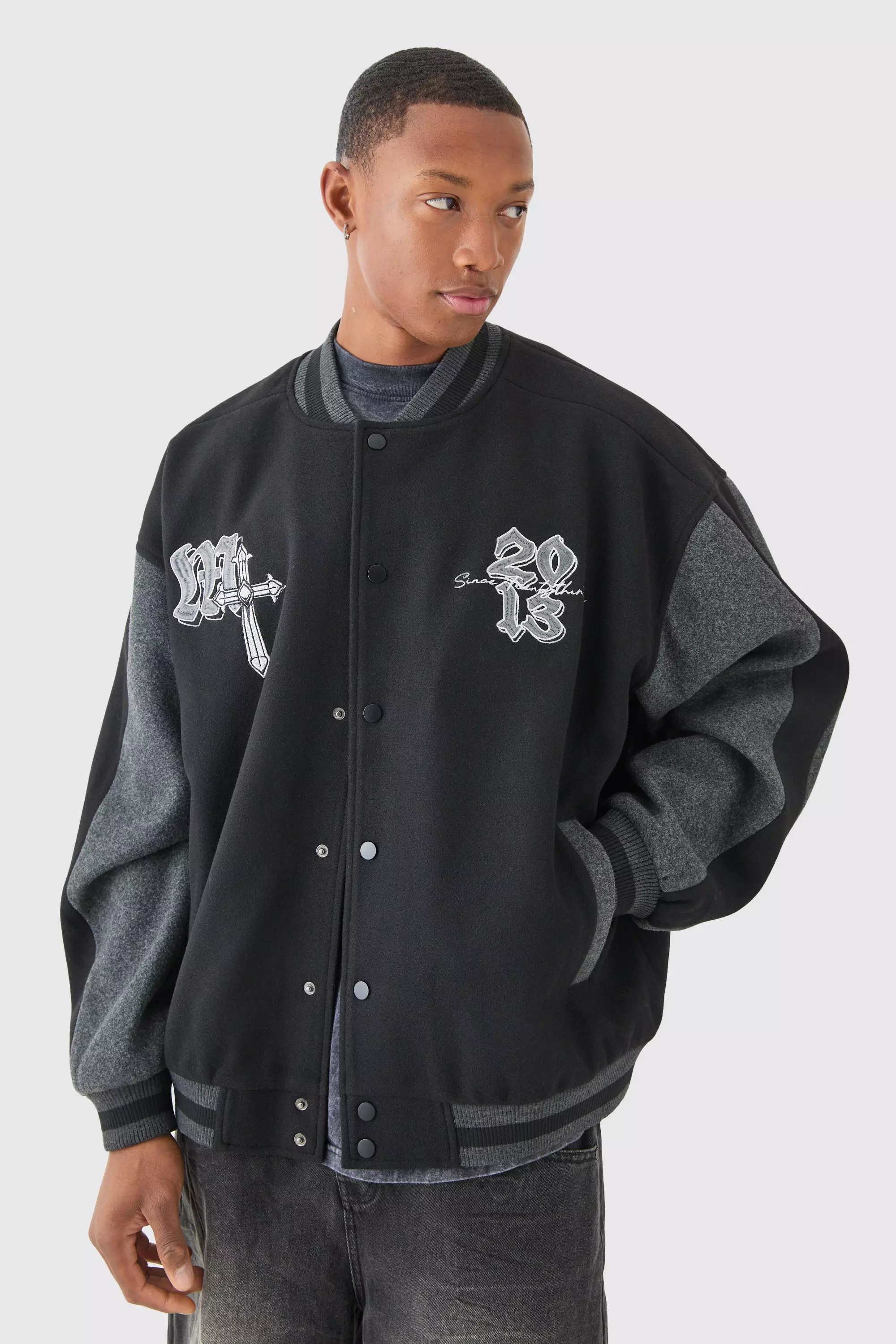 Oversized Official Colour Block Varsity Jacket In Black Black