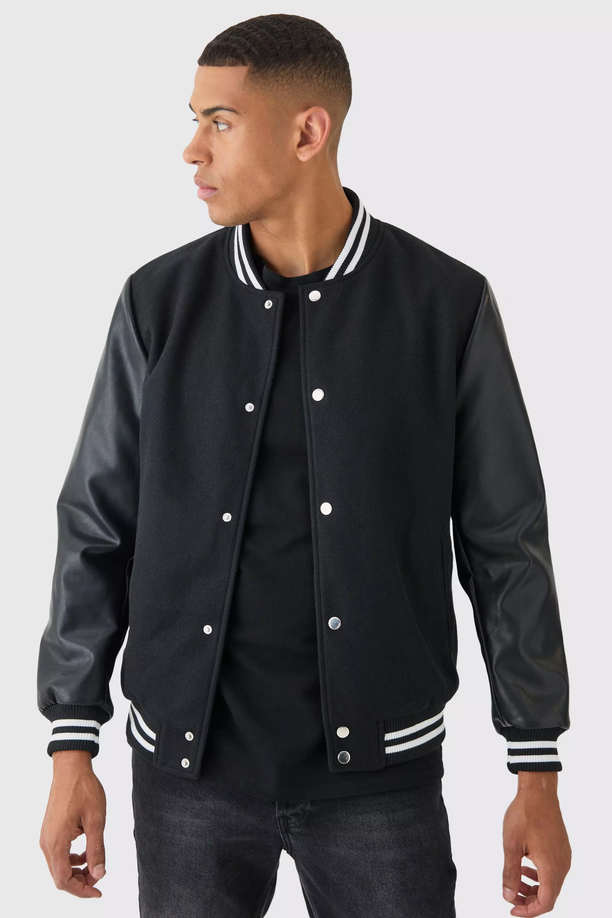 Plain Melton And Pu Sleeve Varsity Jacket In Black boohooMAN IE