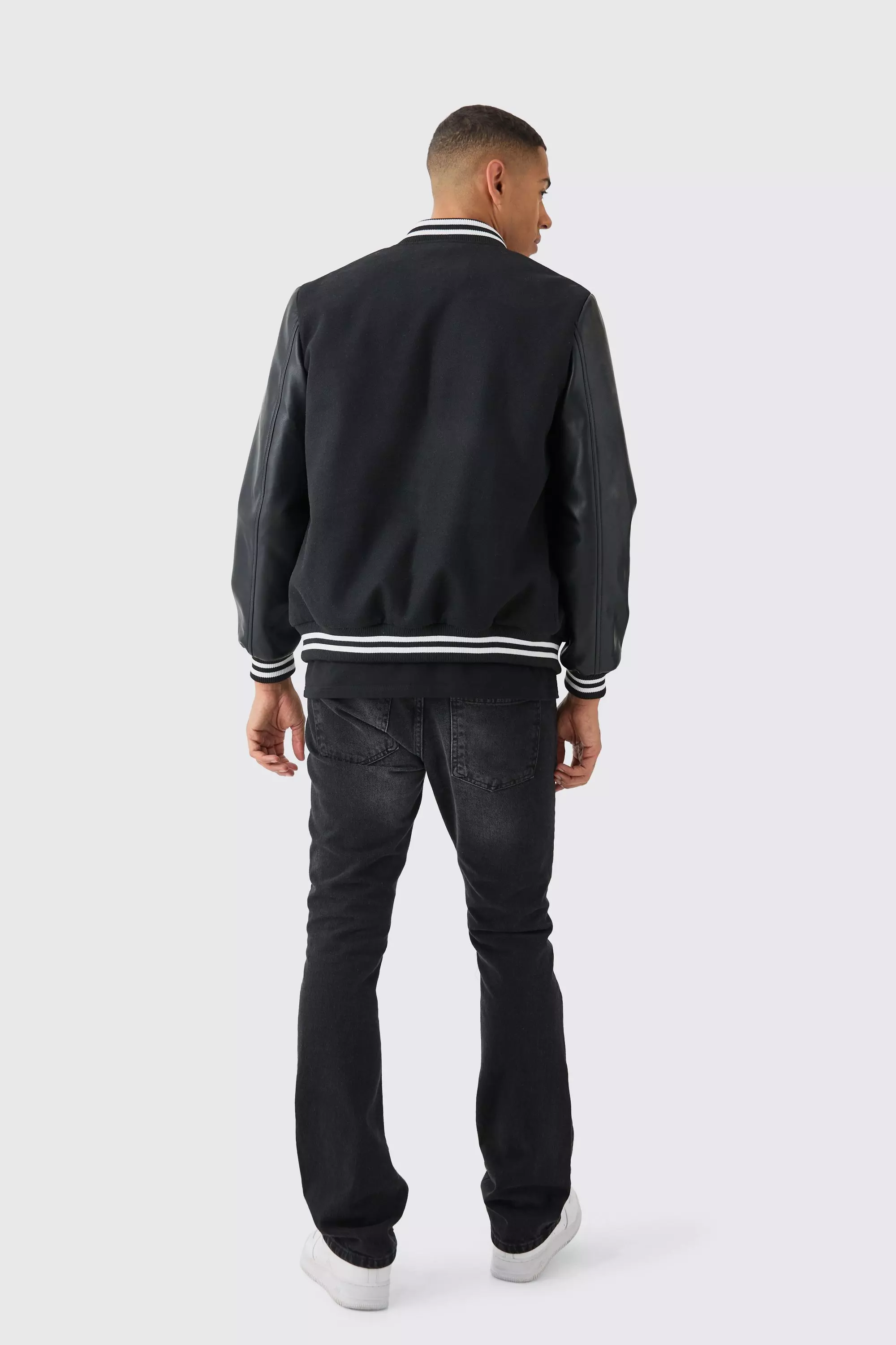 Plain Melton And Pu Sleeve Varsity Jacket In Black boohooMAN IE