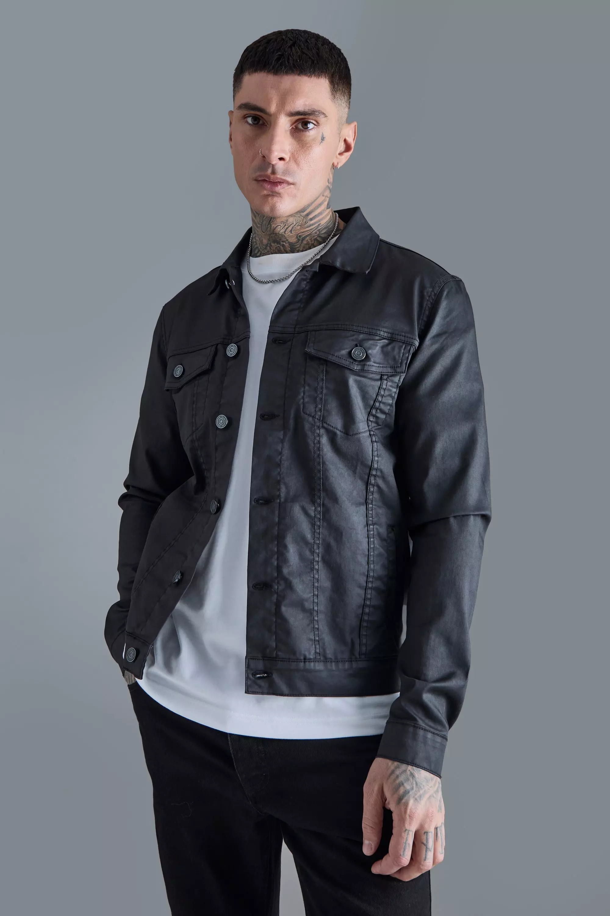 Black Tall Coated Denim Jacket