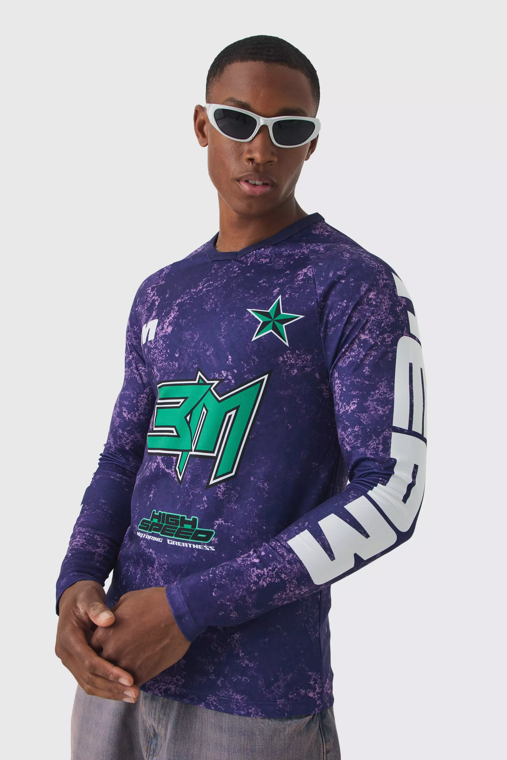 Purple Muscle Fit Motorsport BHM Printed Long Sleeve Top