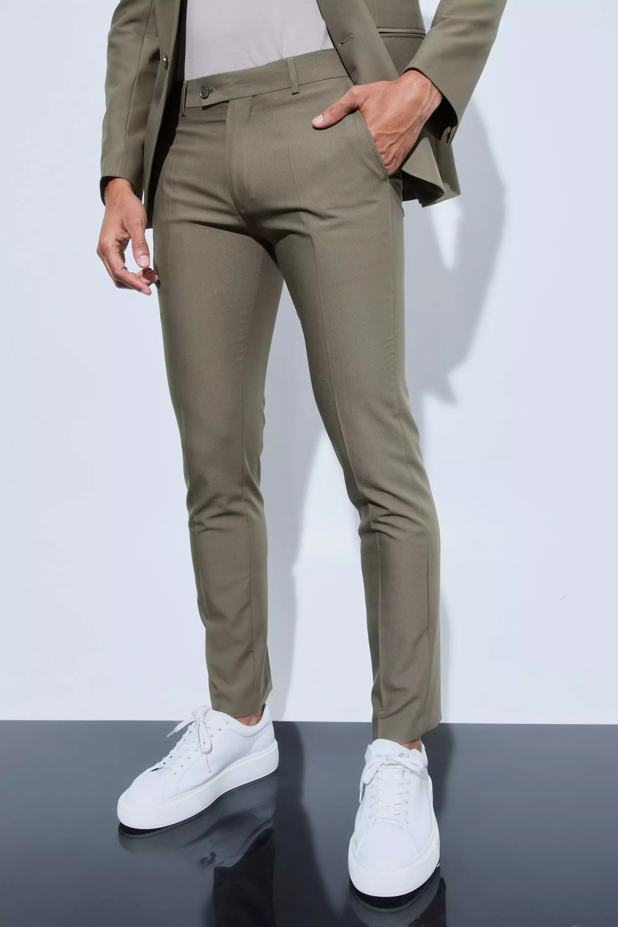 Skinny Fit Cropped Suit Trousers Khaki