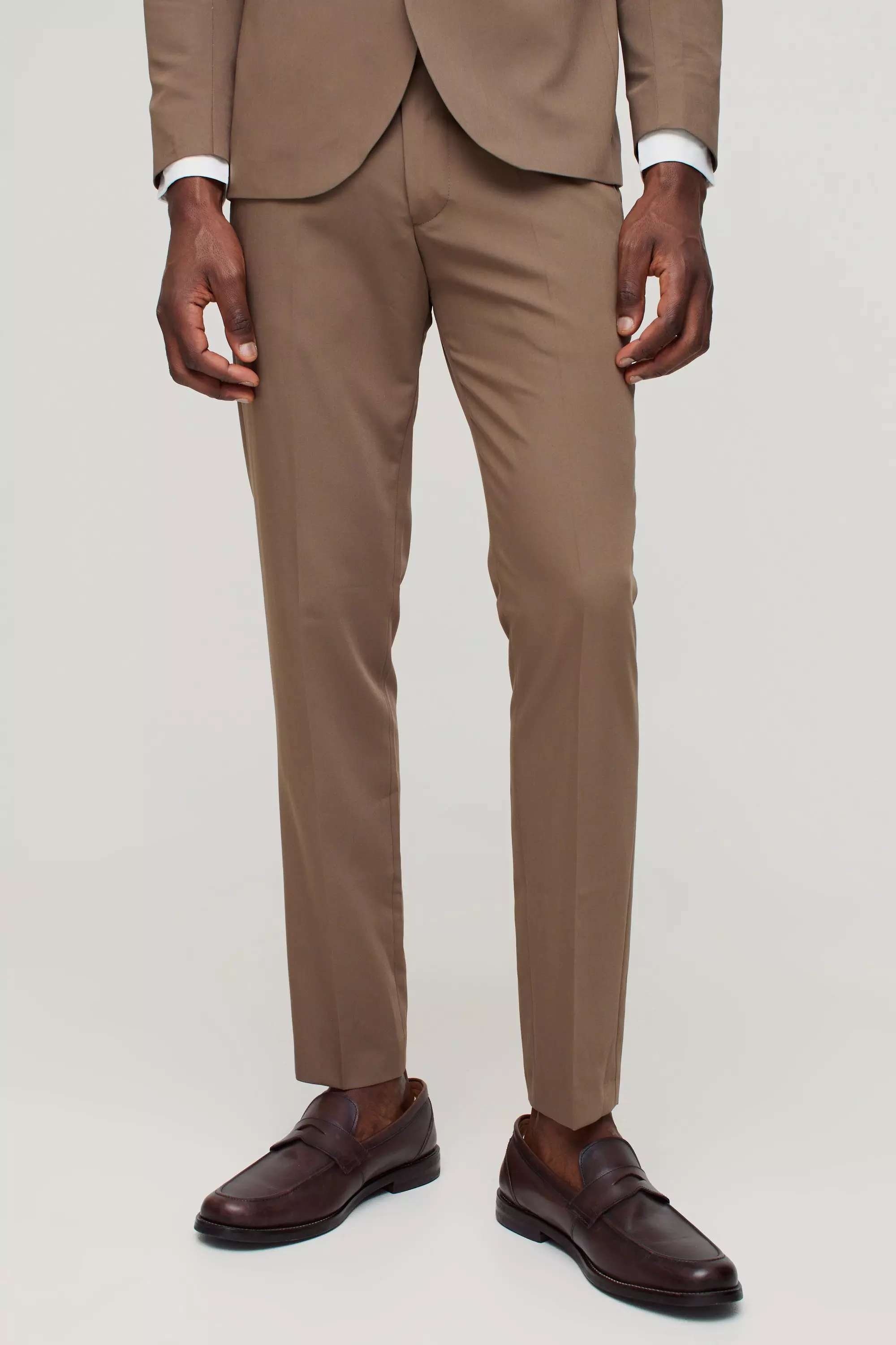 Khaki Skinny Fit Cropped Suit Trousers