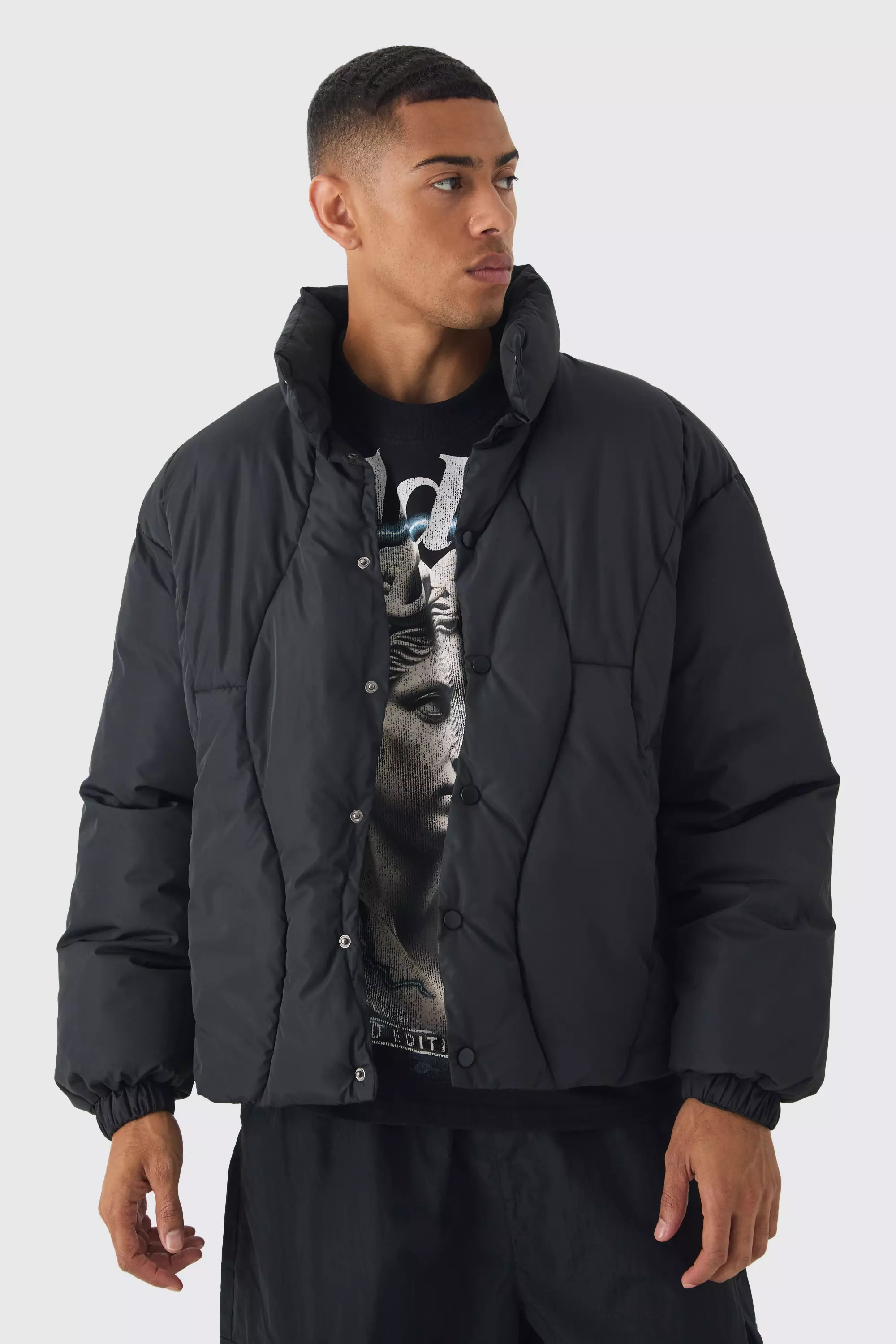 Abstract Quilted Funnel Neck Puffer In Black Black