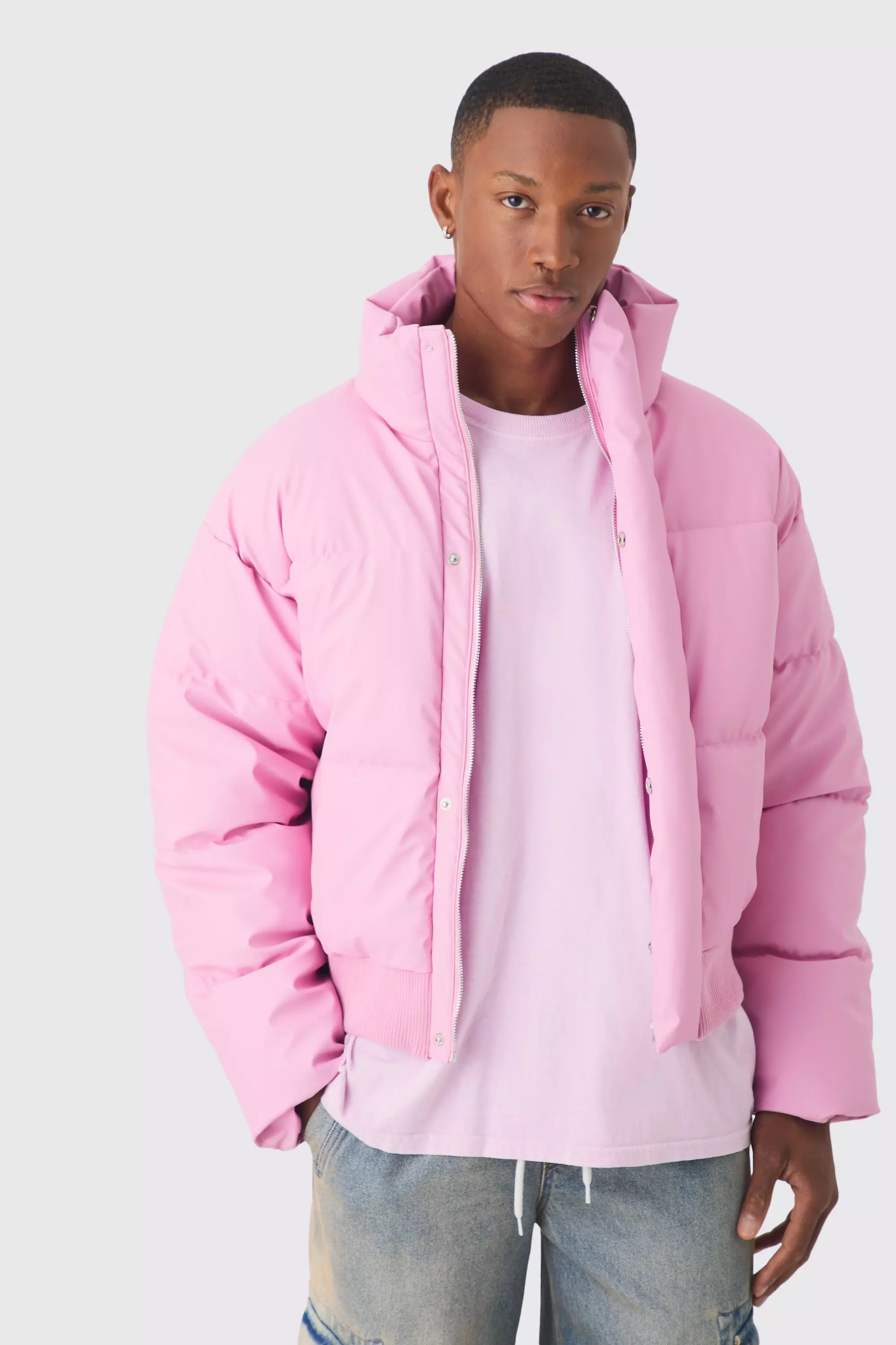 Boxy Matte PU Funnel Neck Puffer In Pink alternative image