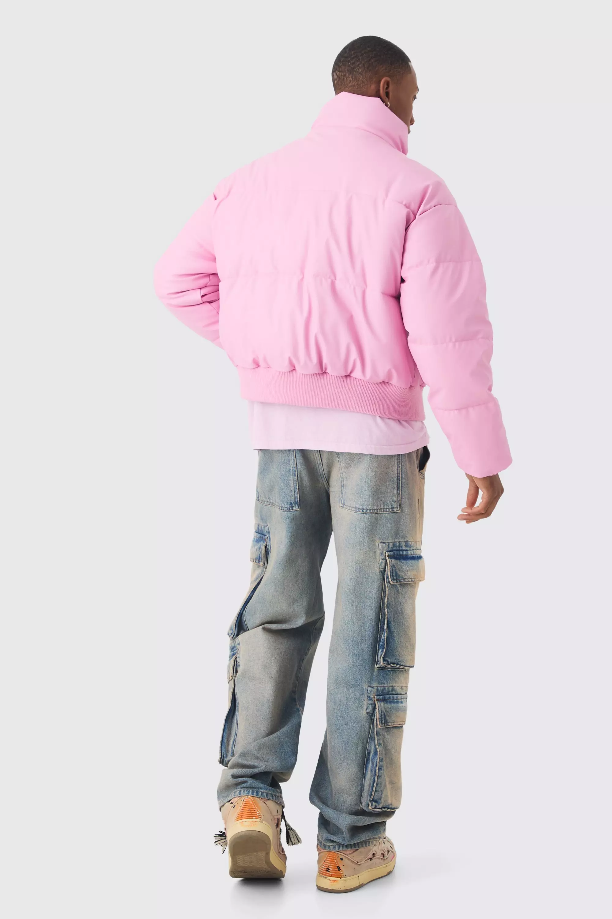 Boxy Matte PU Funnel Neck Puffer In Pink alternative image