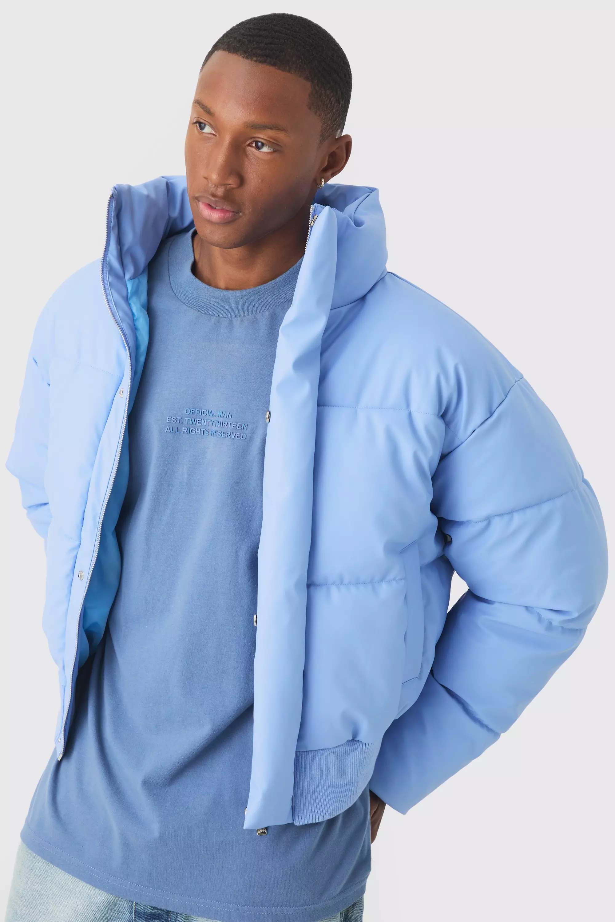 Boxy Matte Pu Funnel Neck Puffer In Blue Blue