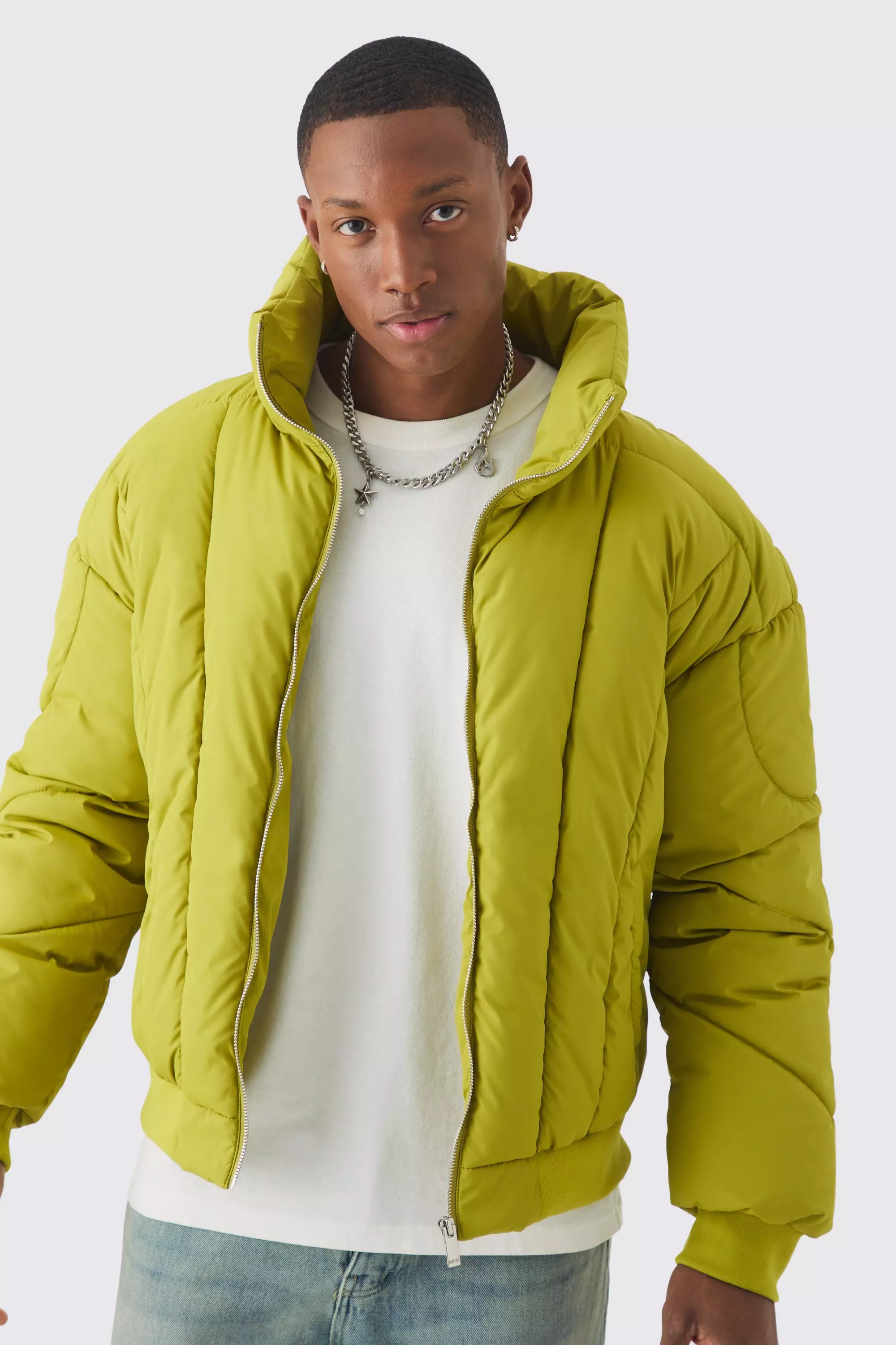 Boxy Abstract Quilted Funnel Neck Puffer In Lime Lime