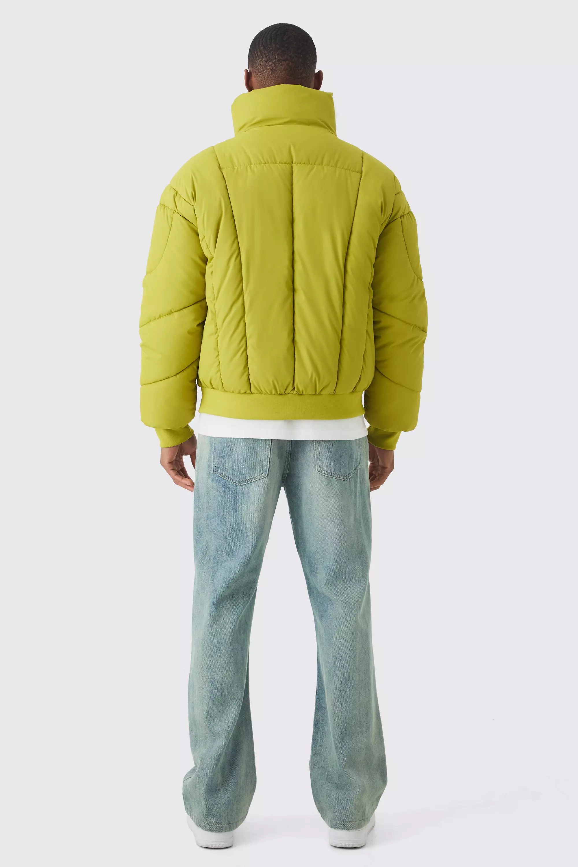 Boxy Abstract Quilted Funnel Neck Puffer In Lime alternative image