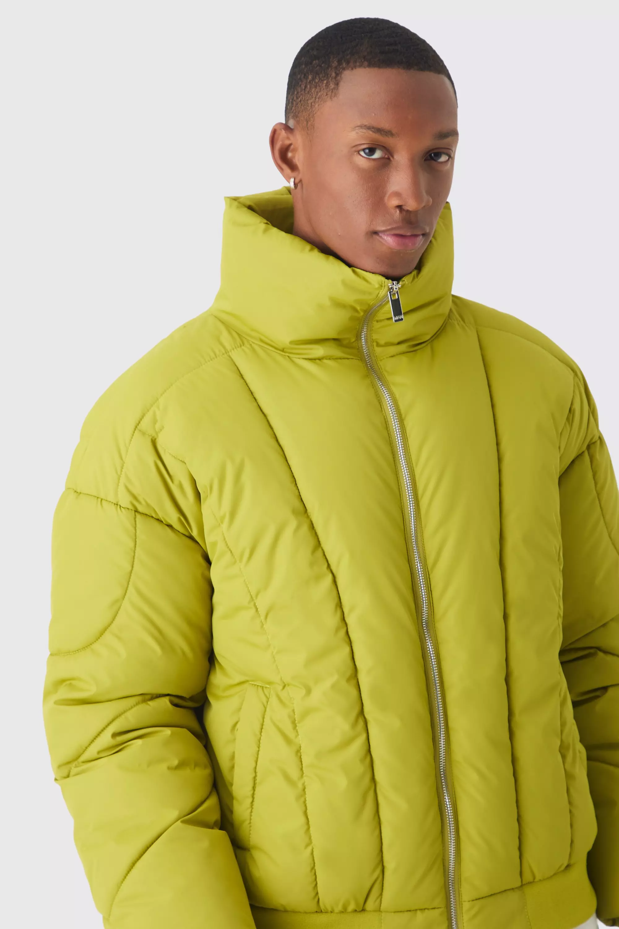Boxy Abstract Quilted Funnel Neck Puffer In Lime alternative image