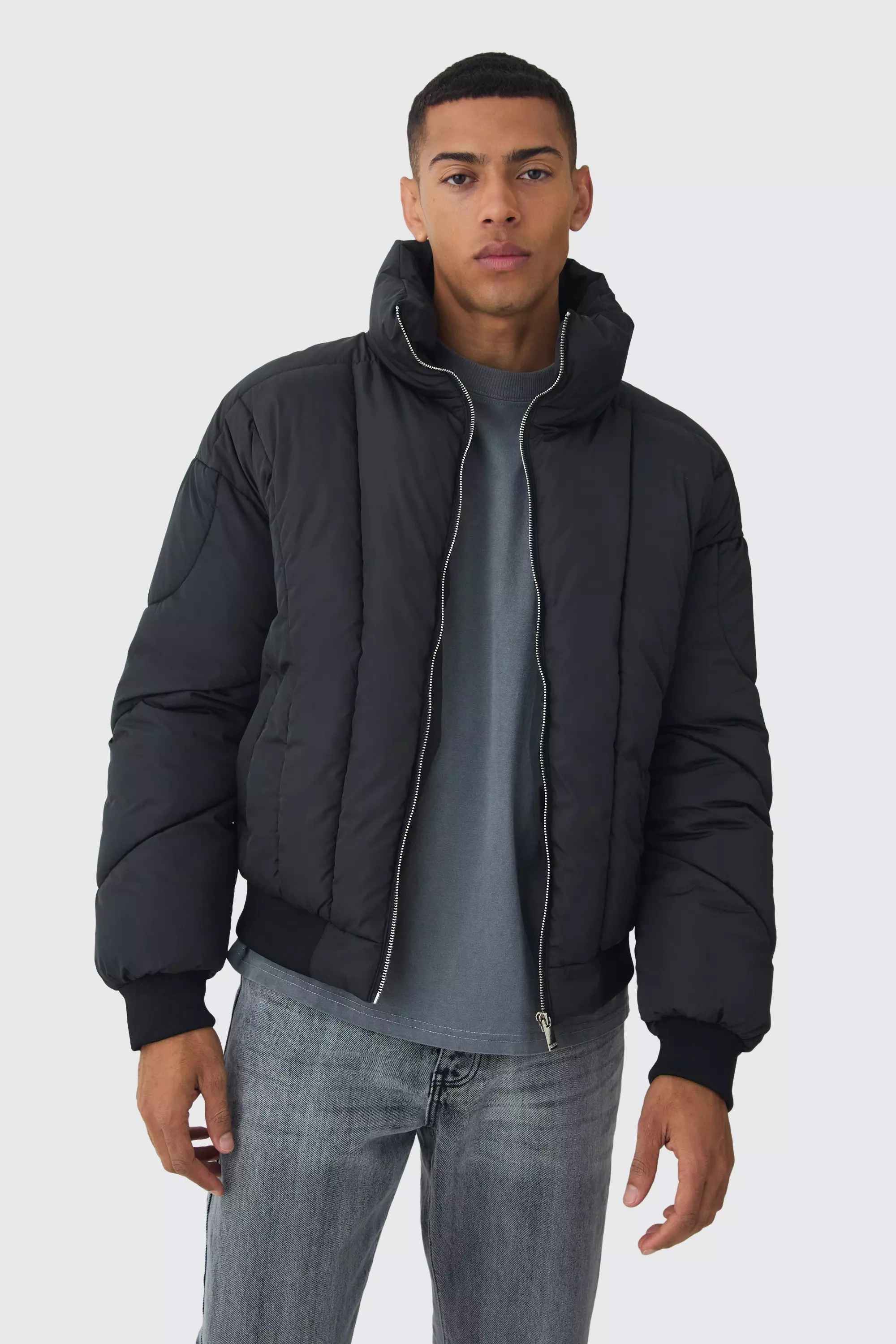 Boxy Abstract Quilted Funnel Neck Puffer In Black Black