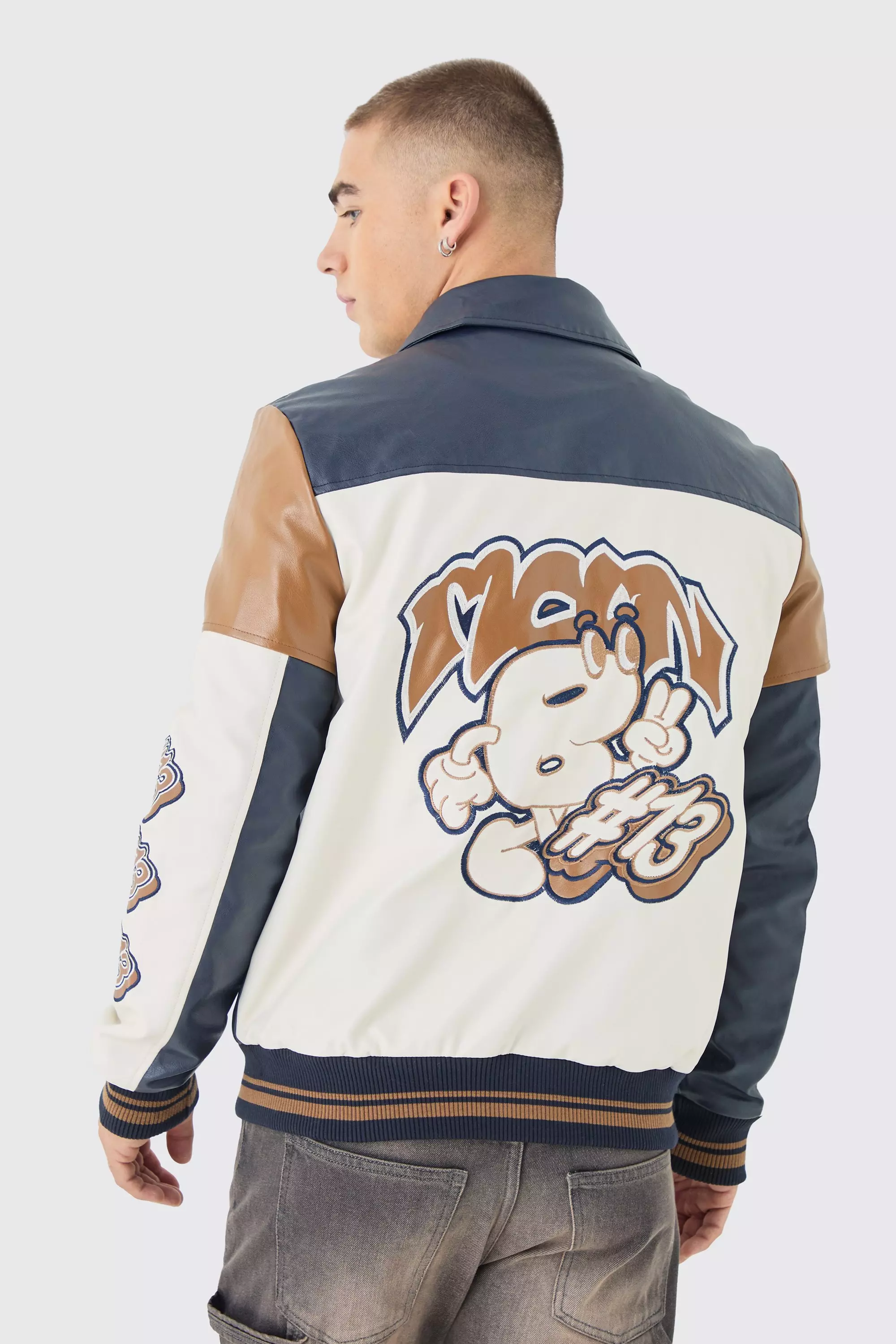 Badge Detail Colour Block Pu Varsity Jacket In Navy Navy