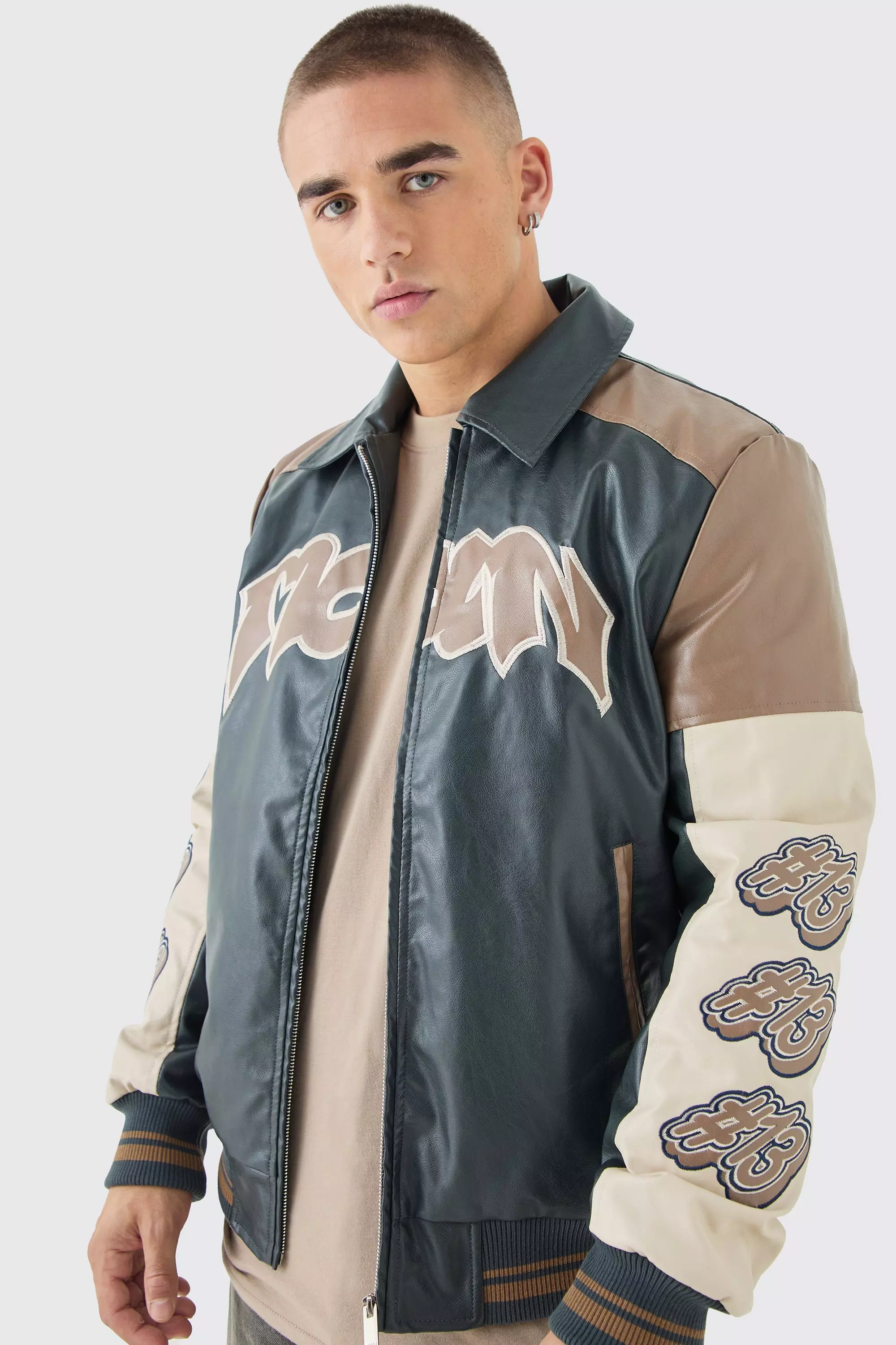 Badge Detail Colour Block Pu Varsity Jacket In Black Black