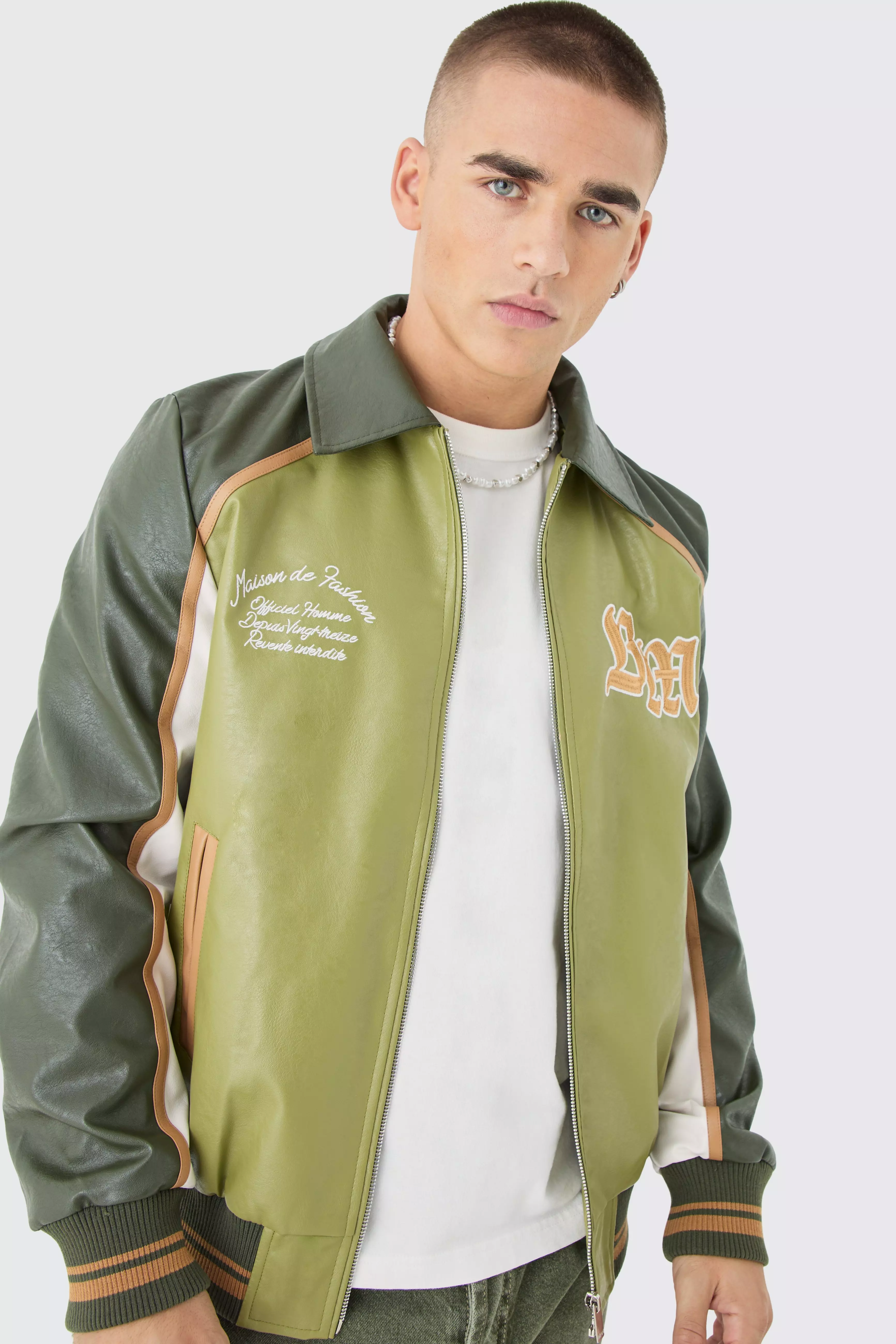 Bm Badge Collared Pu Varsity Jacket In Green Green