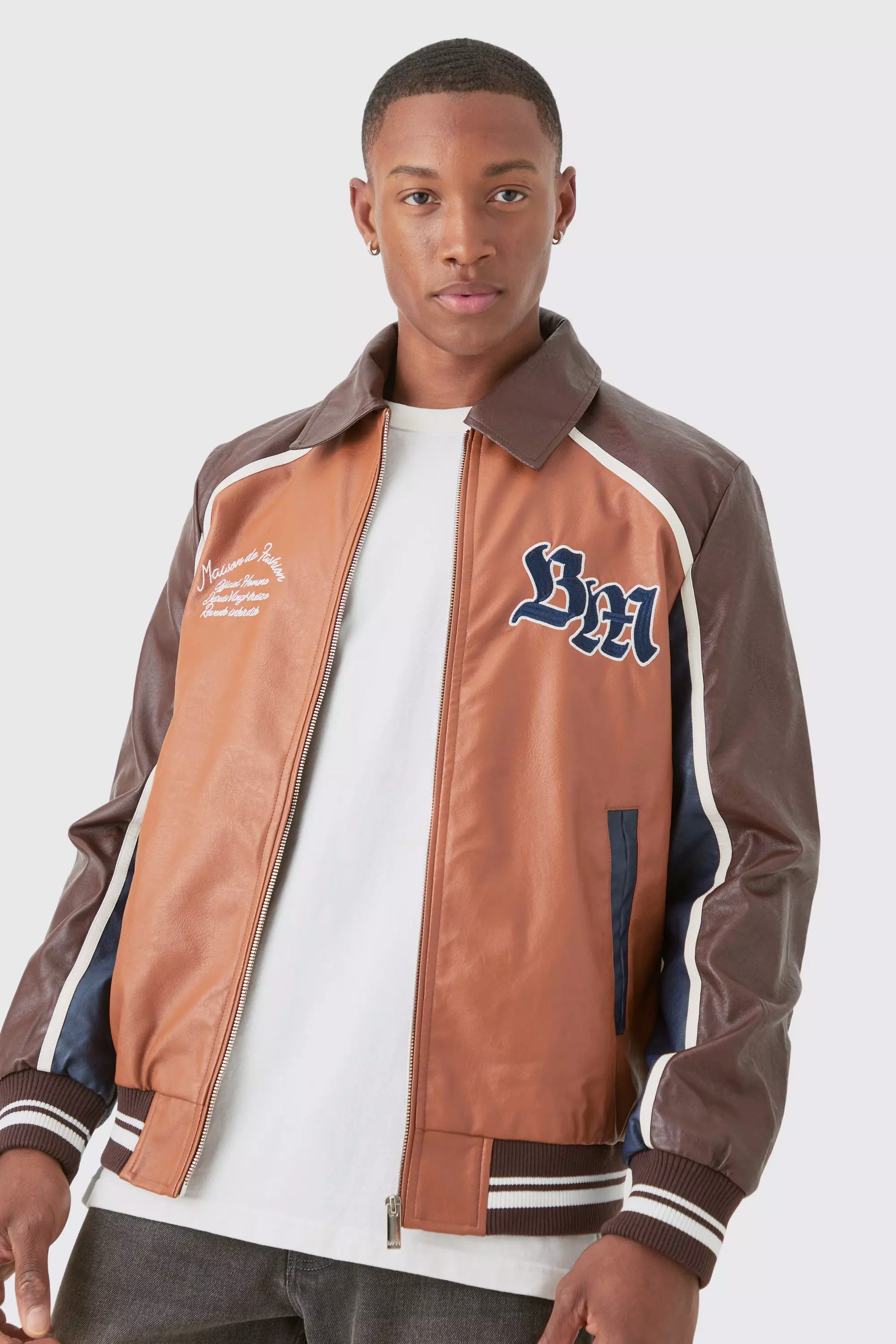 Bm Badge Collared Pu Varsity Jacket In Brown Brown