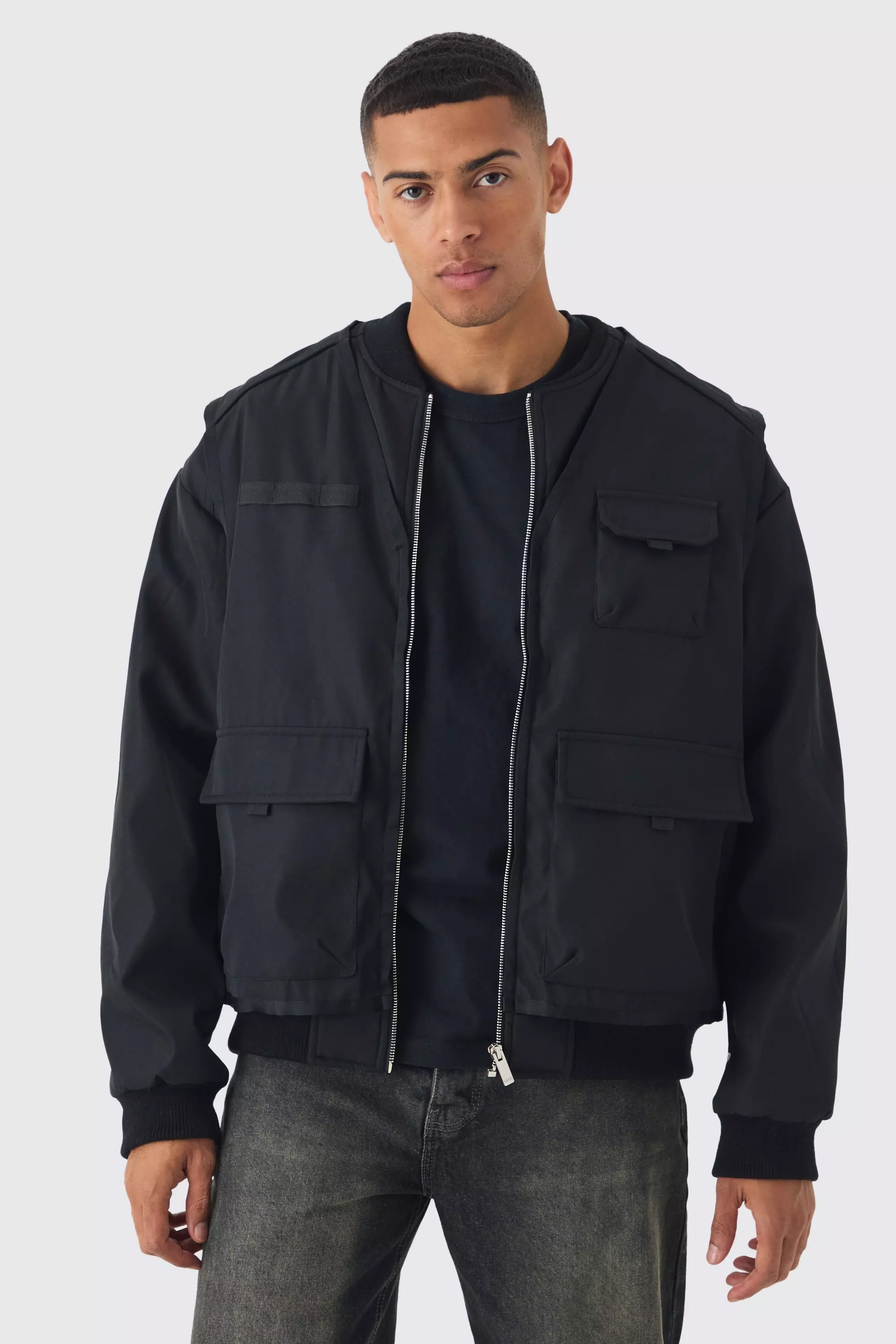 Faux Layer Utility Vest Bomber In Black Black