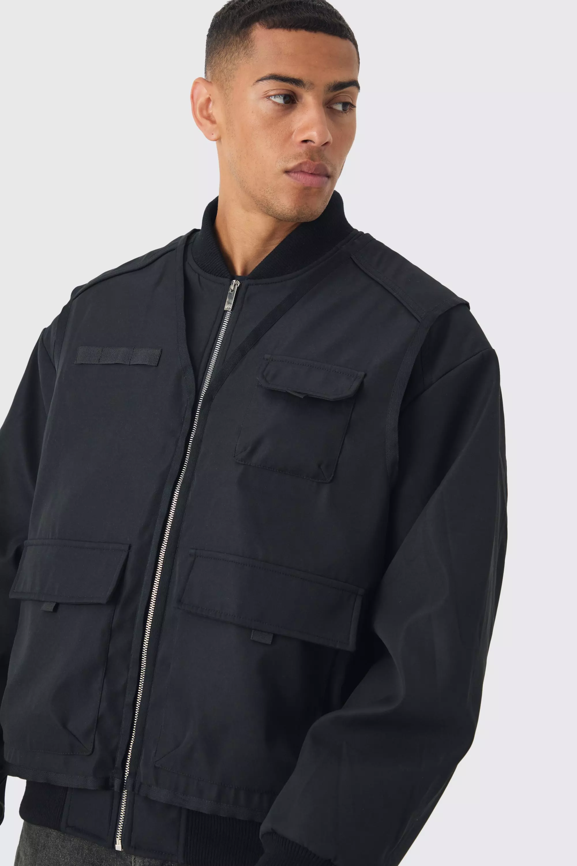 Faux Layer Utility Vest Bomber Jacket In Black alternative image