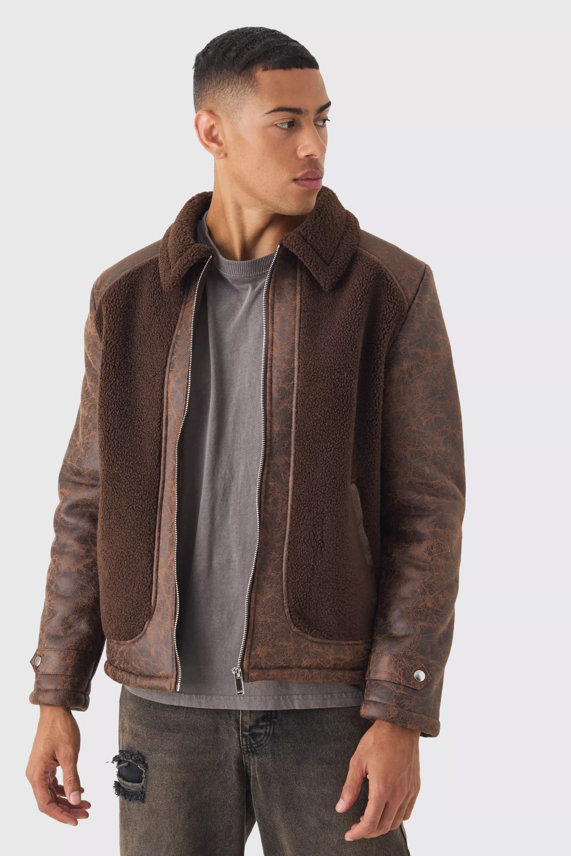 Washed PU And Borg Panel Harrington Jacket In Brown Brown