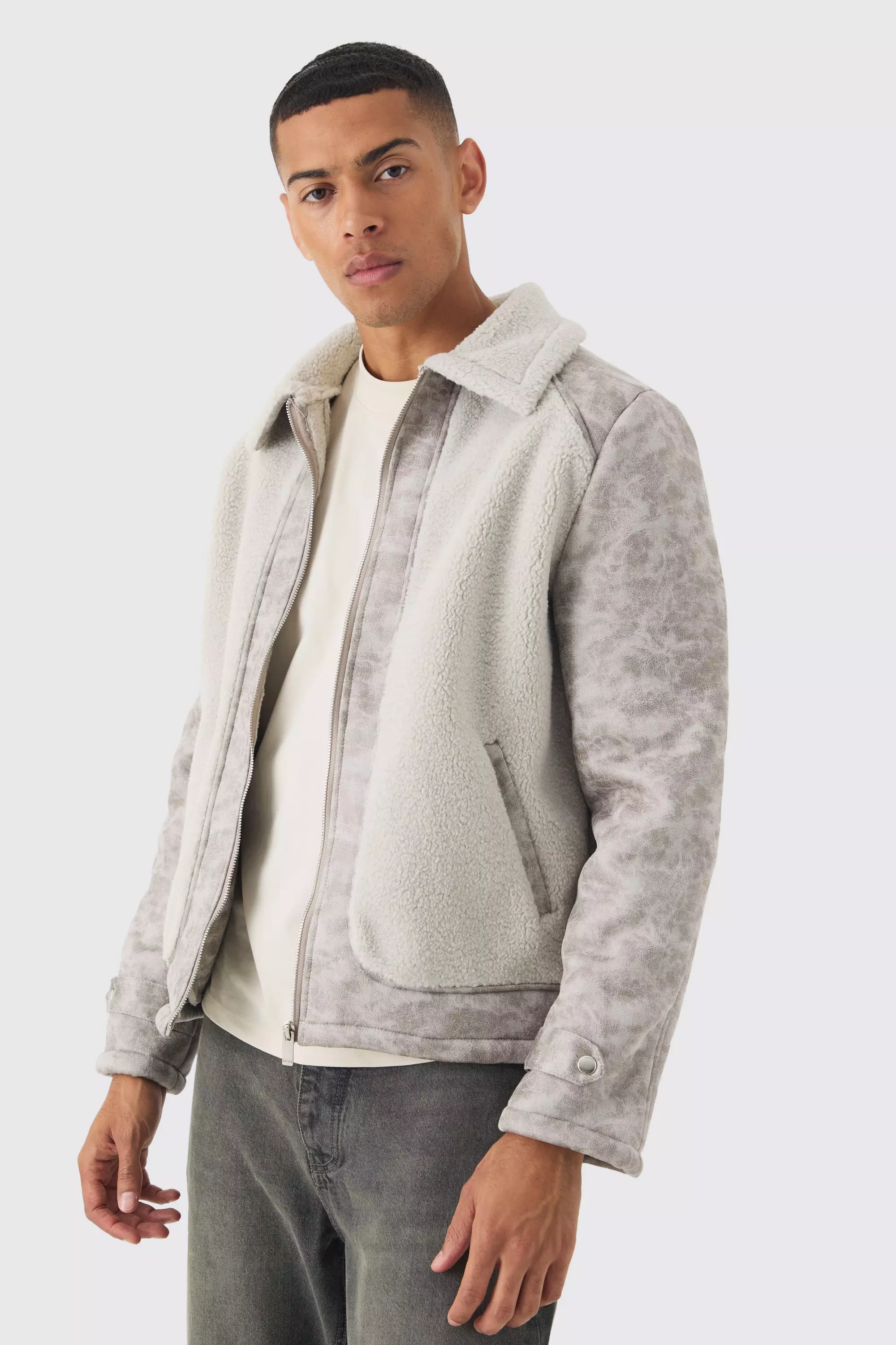 Washed PU And Borg Panel Harrington Jacket In Grey Grey