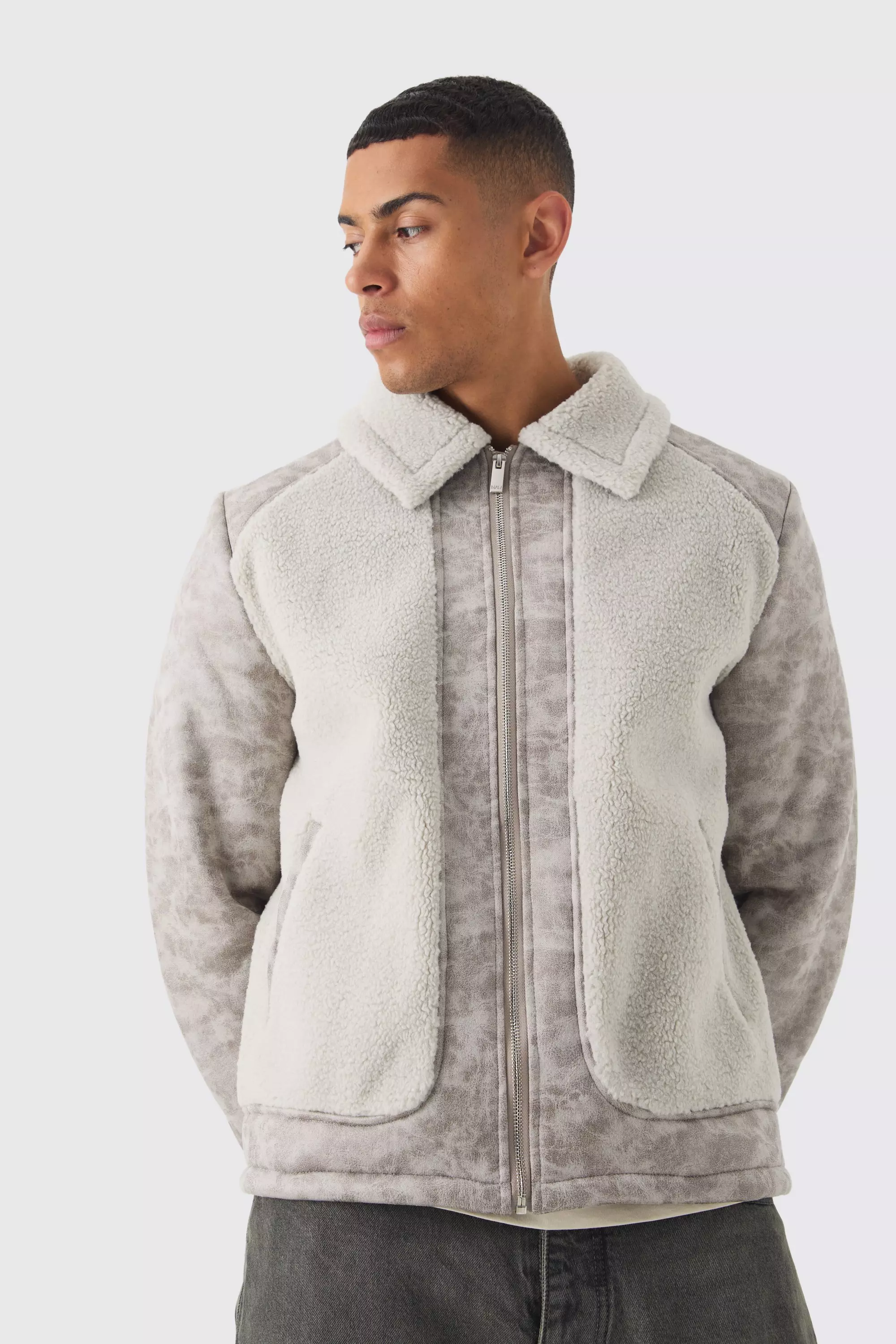 Washed PU And Borg Panel Harrington Jacket In Grey boohooMAN UK