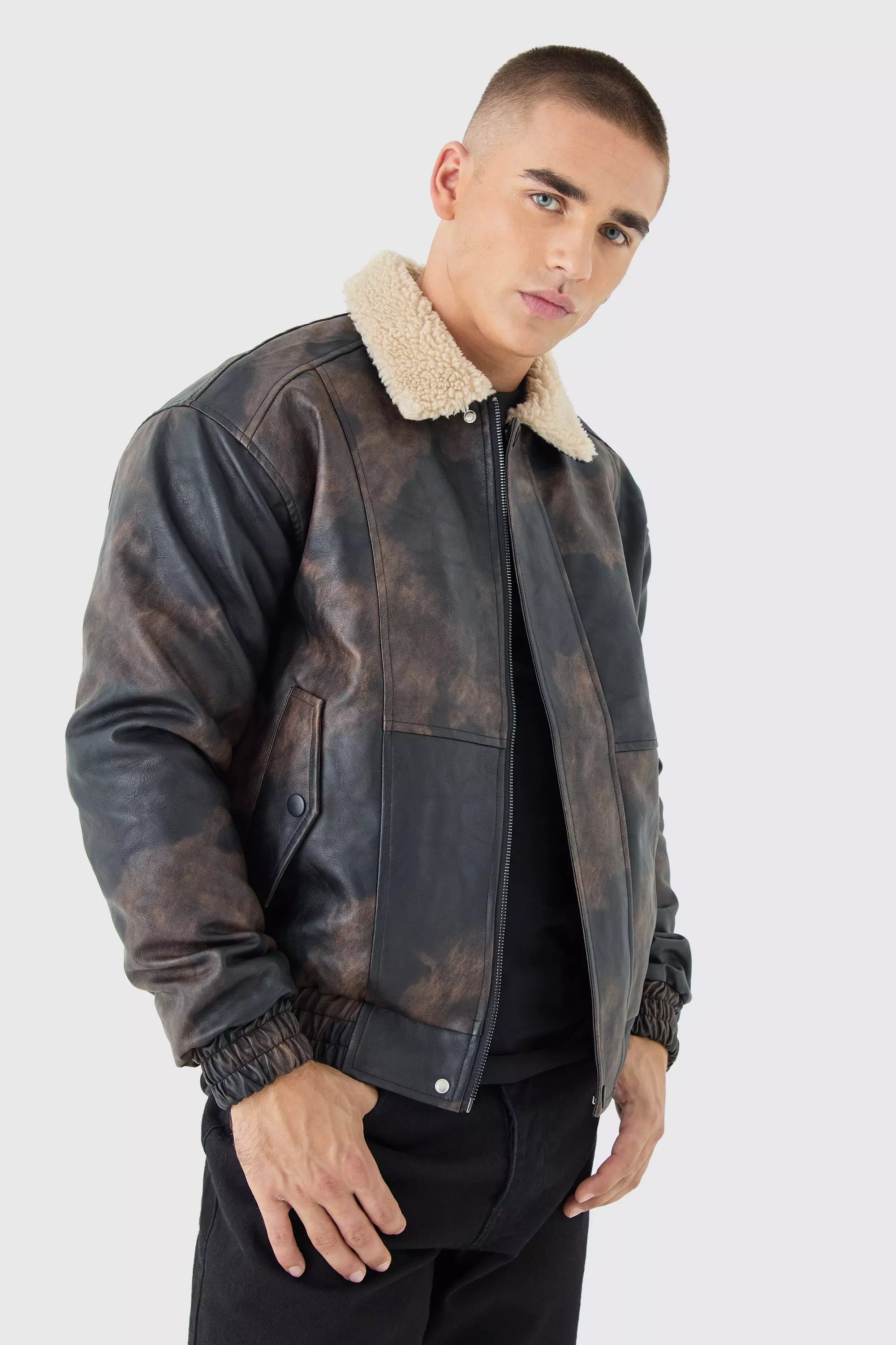 Boxy Fit Washed PU Borg Collar Bomber Jacket In Brown Brown