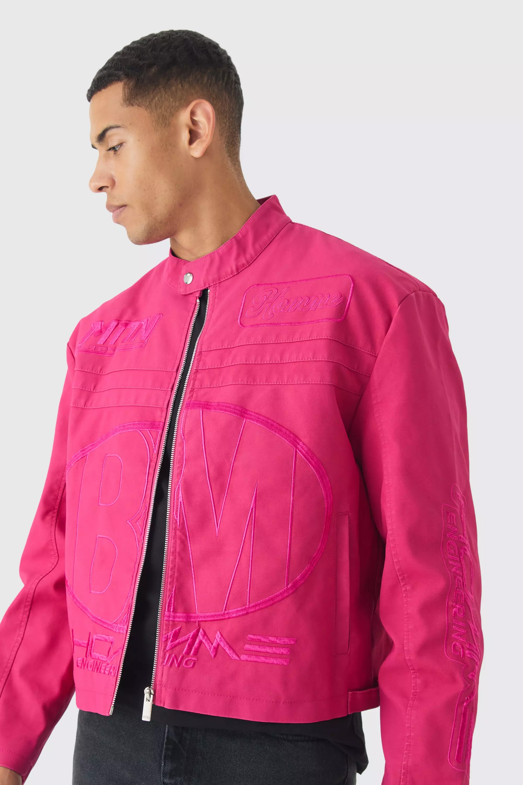 Boxy Embossed Pu Moto Jacket In Pink Pink